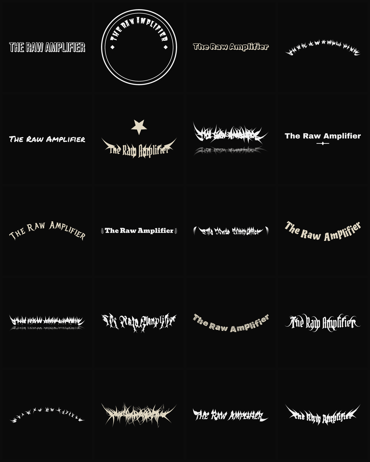 Twenty The Raw Amplifier band logo ideas — different faces, treatments and spike settings