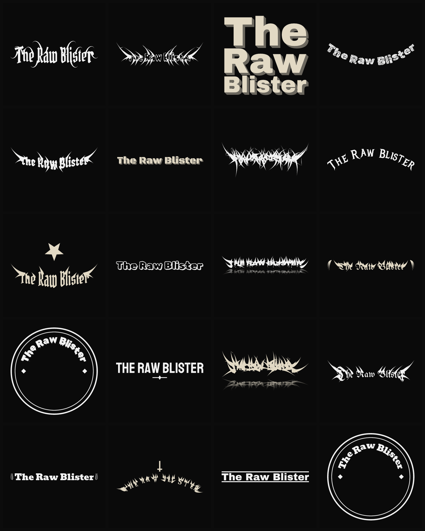 Twenty The Raw Blister band logo ideas — different faces, treatments and spike settings