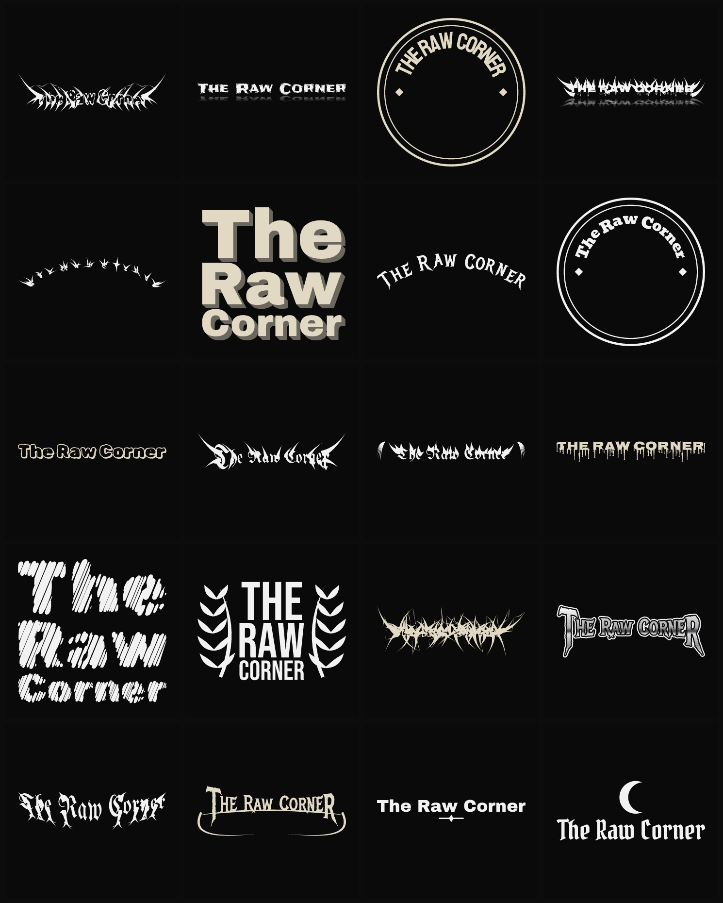 Twenty The Raw Corner band logo ideas — different faces, treatments and spike settings