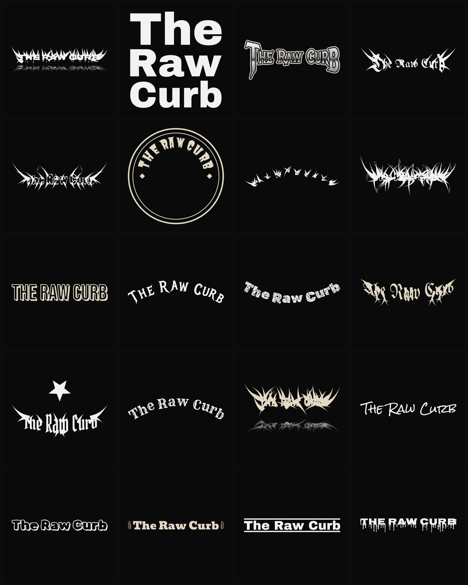 Twenty The Raw Curb band logo ideas — different faces, treatments and spike settings