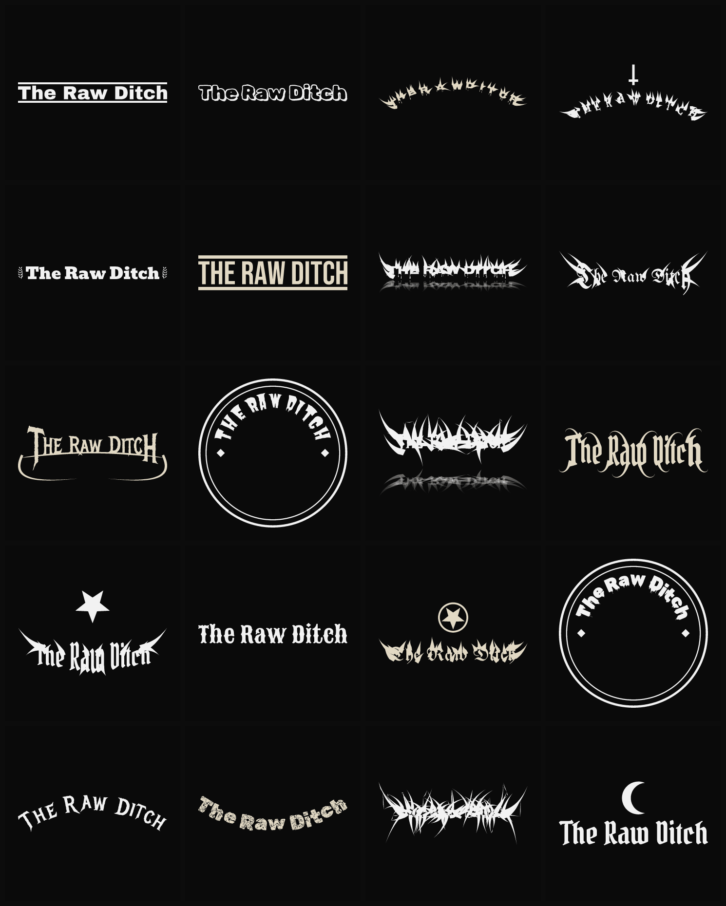 Twenty The Raw Ditch band logo ideas — different faces, treatments and spike settings