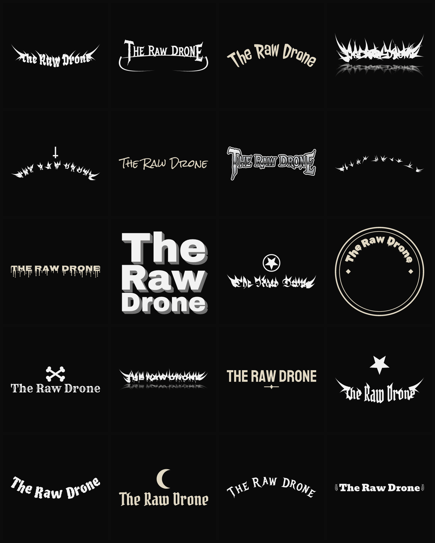 Twenty The Raw Drone band logo ideas — different faces, treatments and spike settings