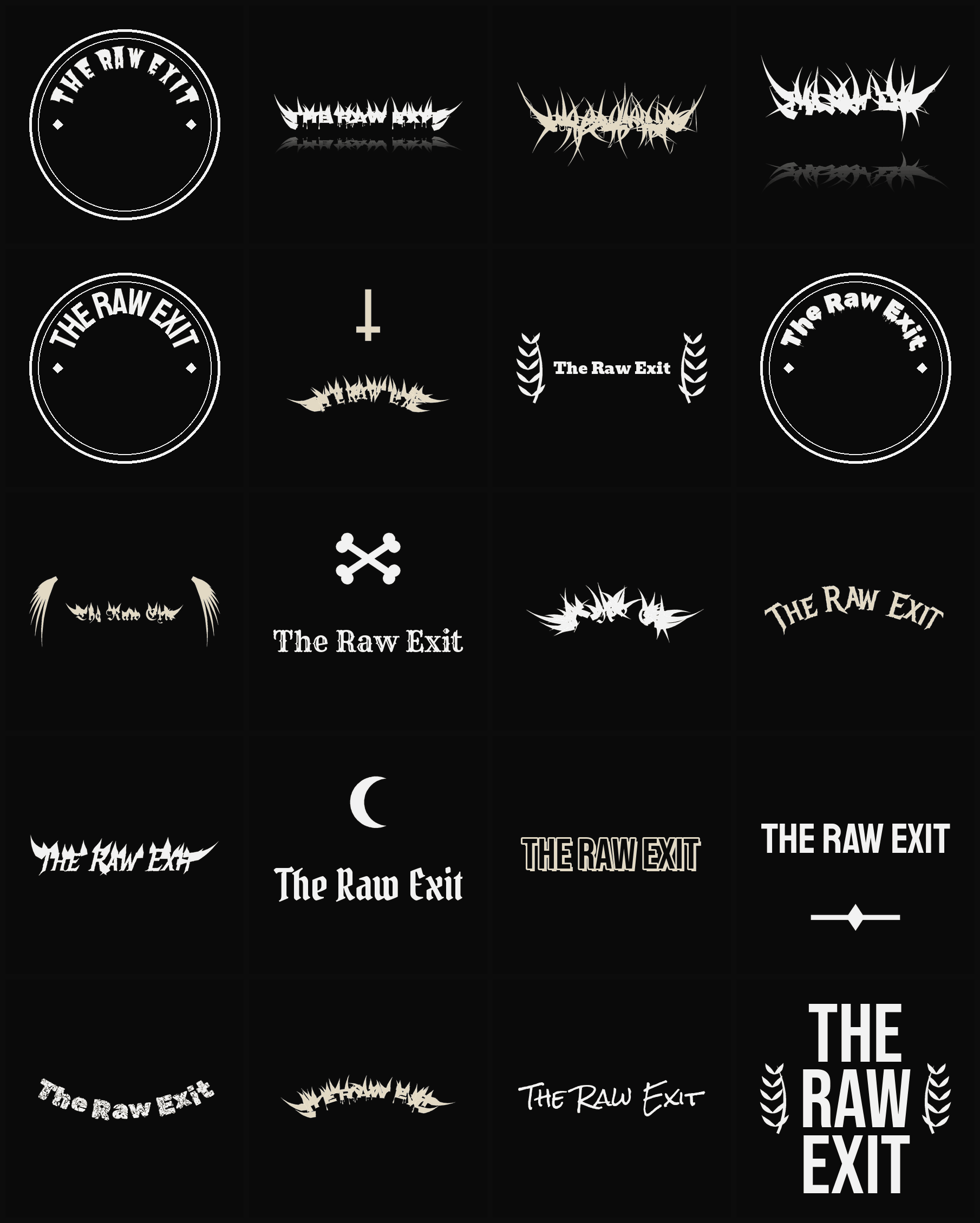 Twenty The Raw Exit band logo ideas — different faces, treatments and spike settings