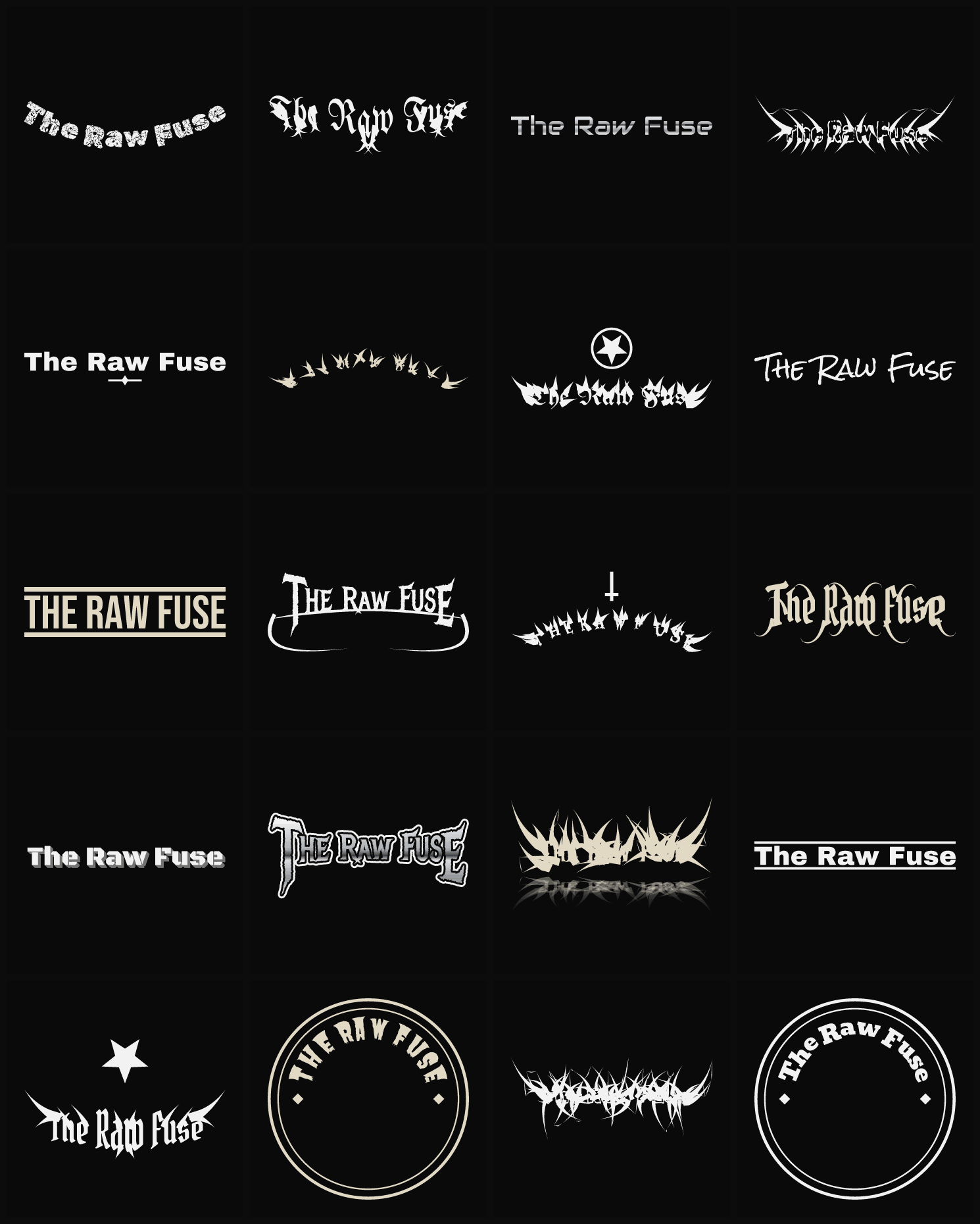 Twenty The Raw Fuse band logo ideas — different faces, treatments and spike settings