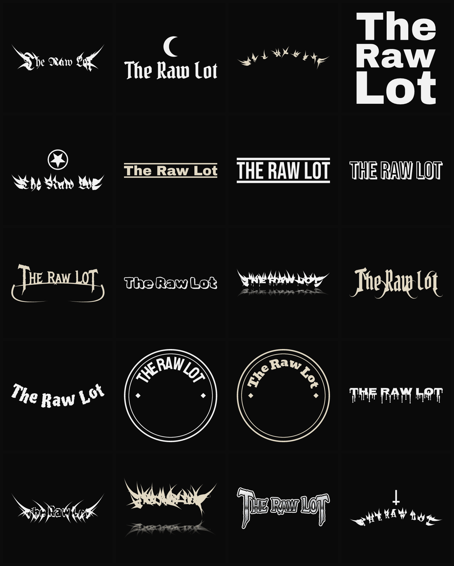 Twenty The Raw Lot band logo ideas — different faces, treatments and spike settings