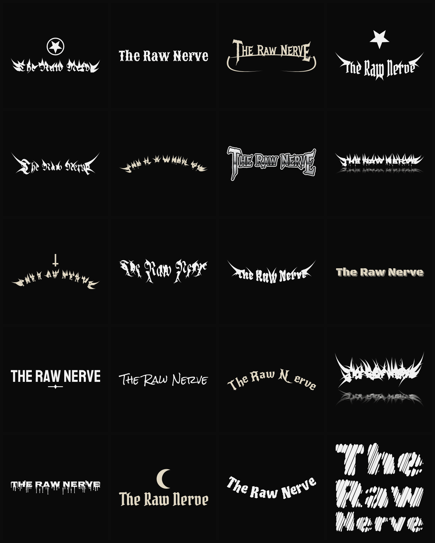 Twenty The Raw Nerve band logo ideas — different faces, treatments and spike settings