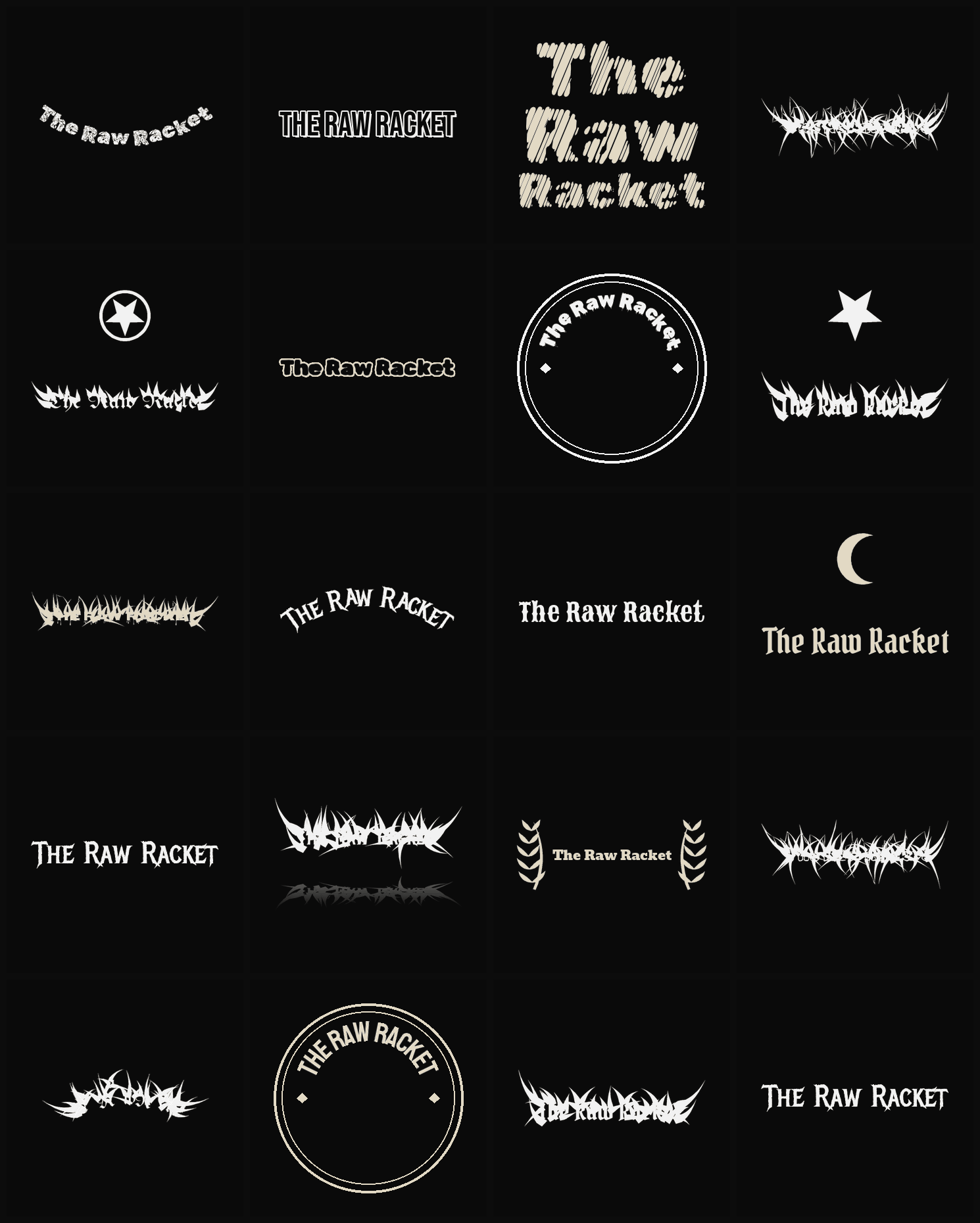 Twenty The Raw Racket band logo ideas — different faces, treatments and spike settings