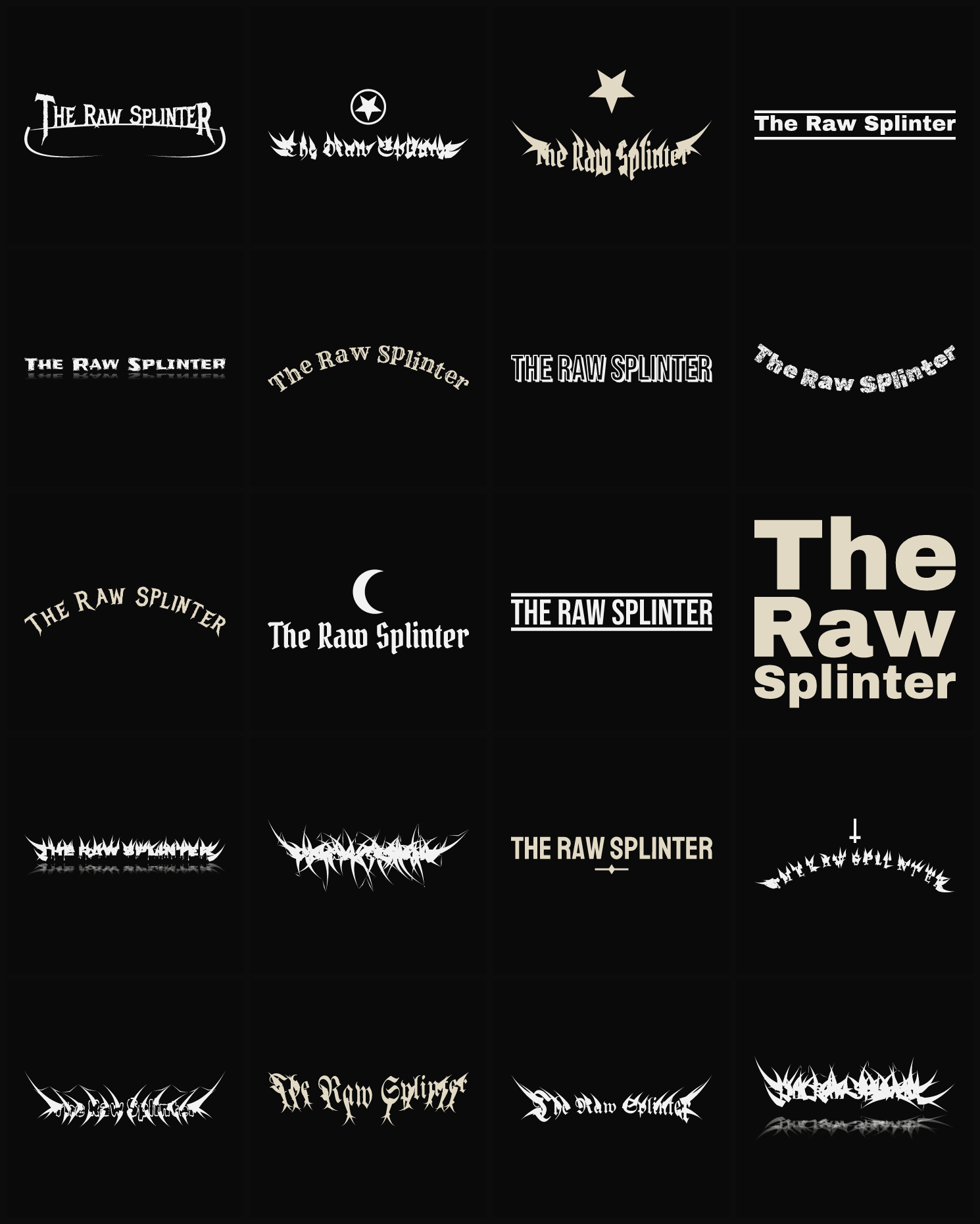 Twenty The Raw Splinter band logo ideas — different faces, treatments and spike settings