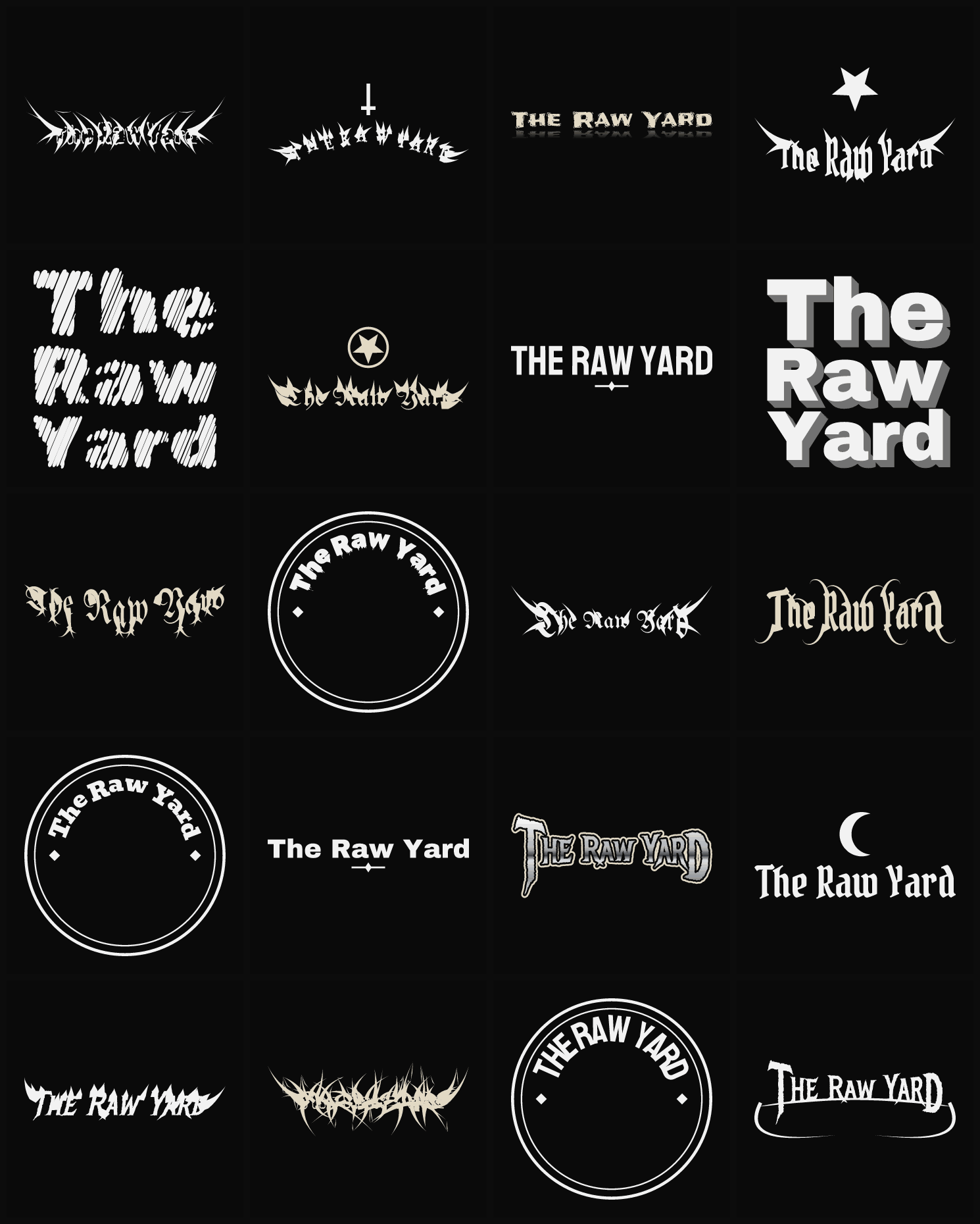 Twenty The Raw Yard band logo ideas — different faces, treatments and spike settings