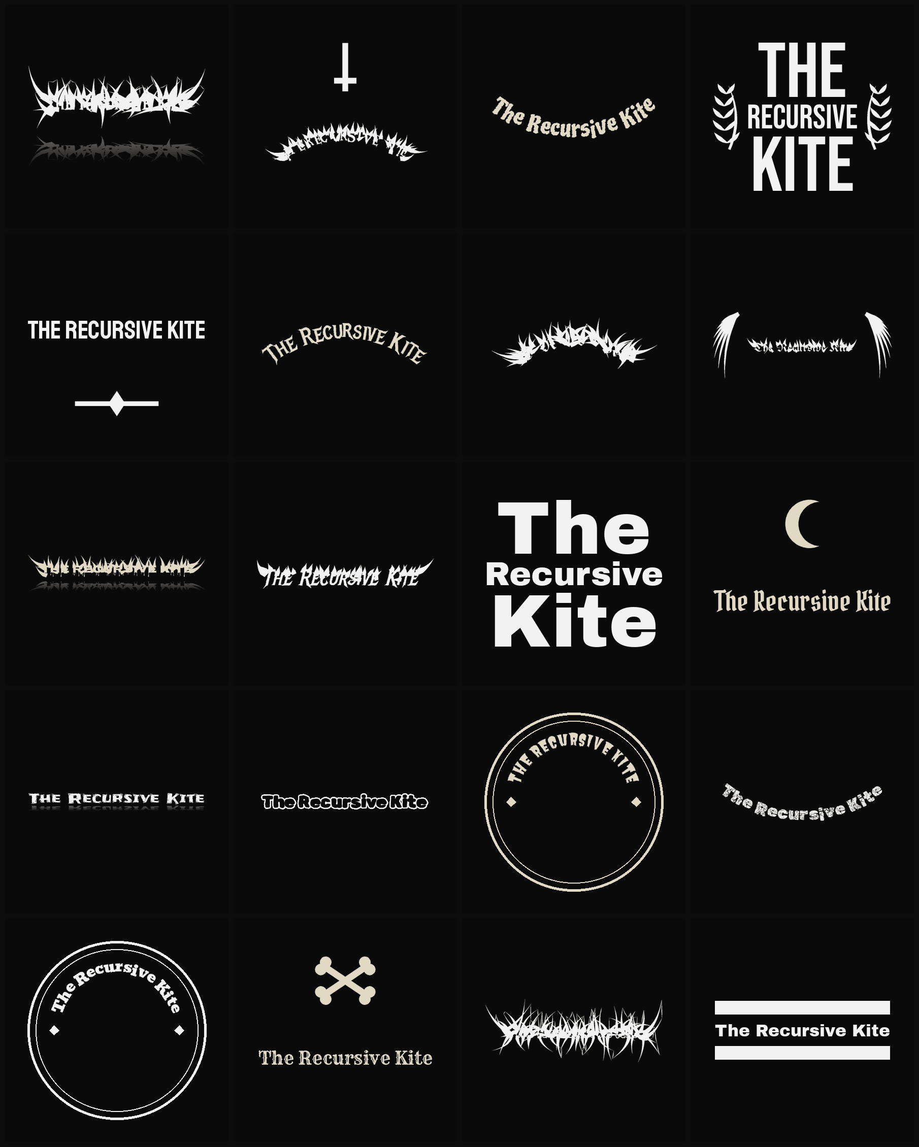 Twenty The Recursive Kite band logo ideas — different faces, treatments and spike settings