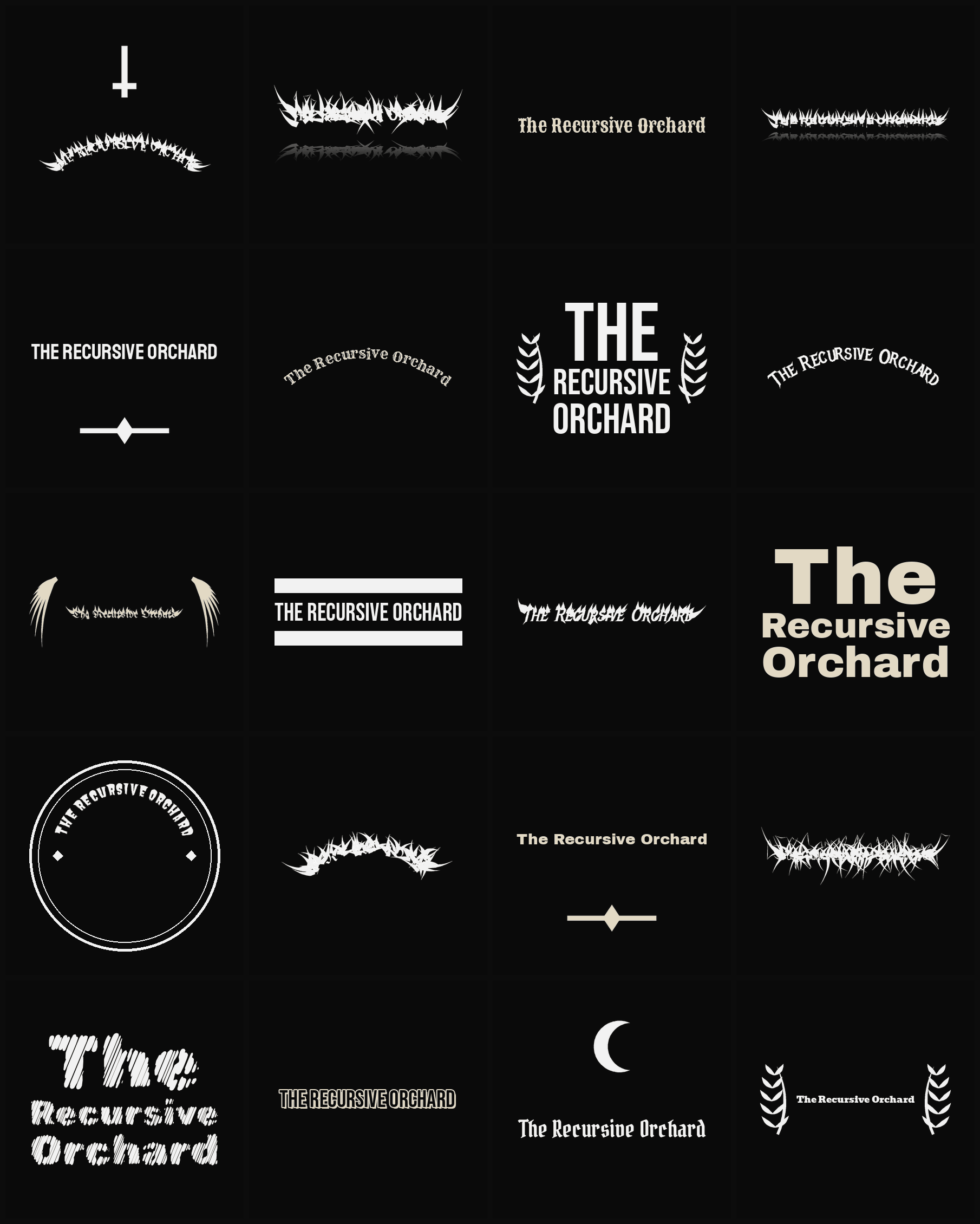 Twenty The Recursive Orchard band logo ideas — different faces, treatments and spike settings