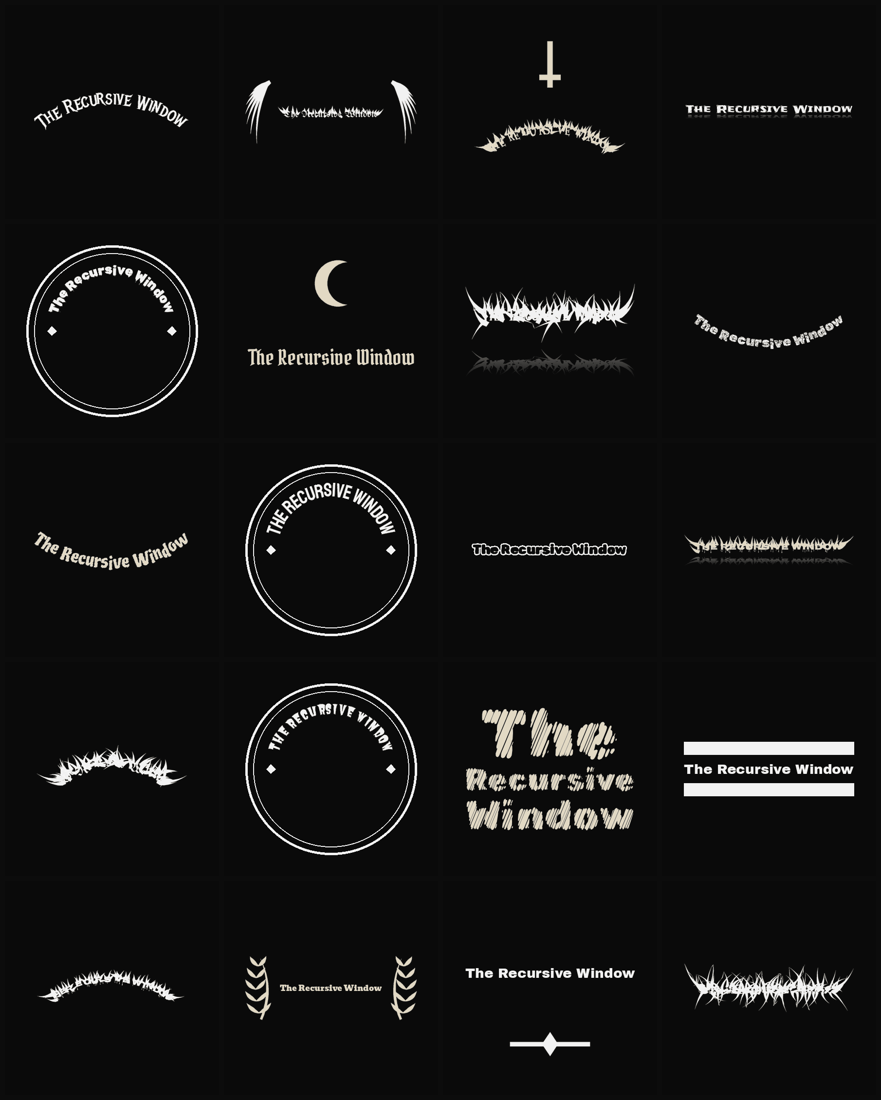 Twenty The Recursive Window band logo ideas — different faces, treatments and spike settings