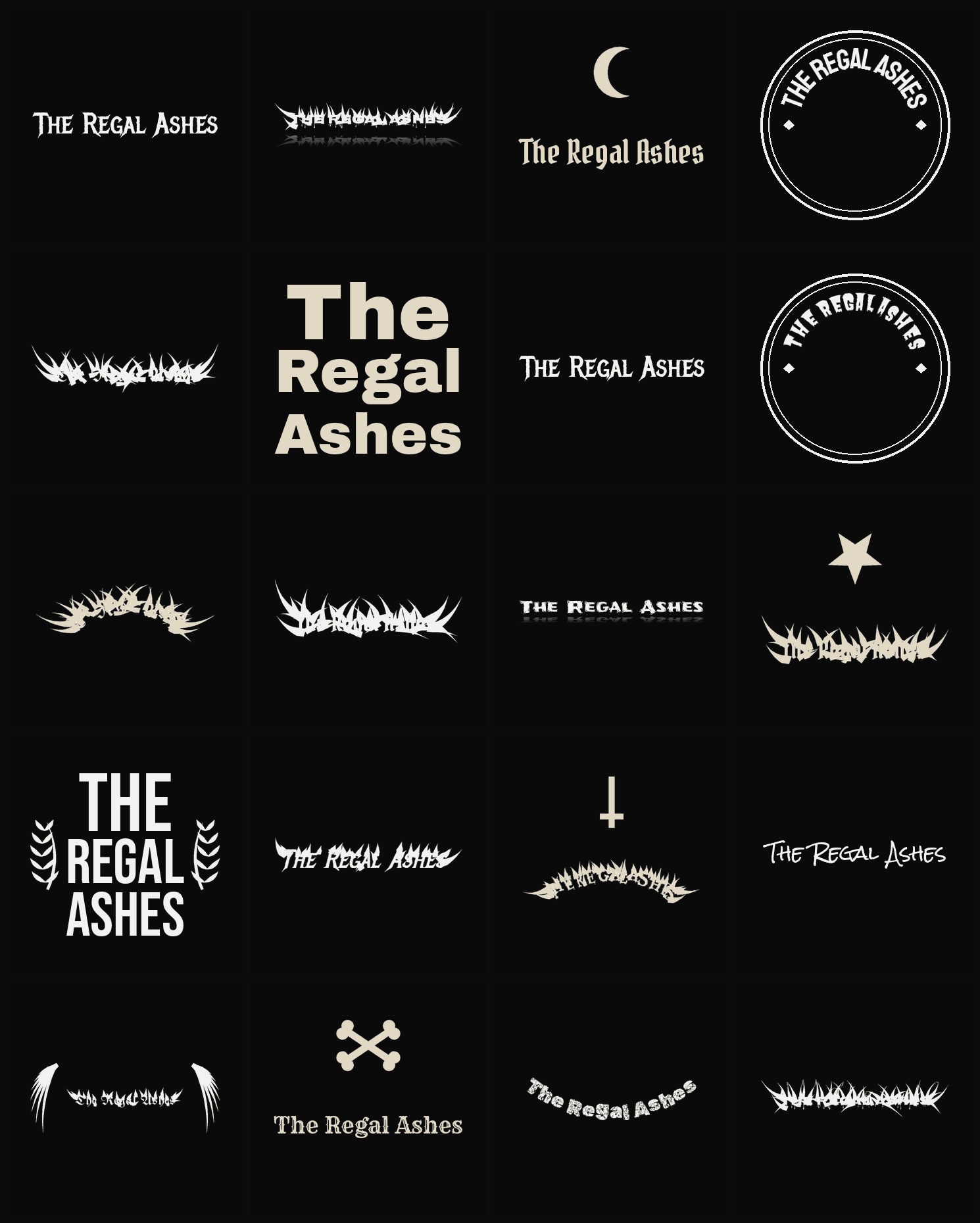 Twenty The Regal Ashes band logo ideas — different faces, treatments and spike settings