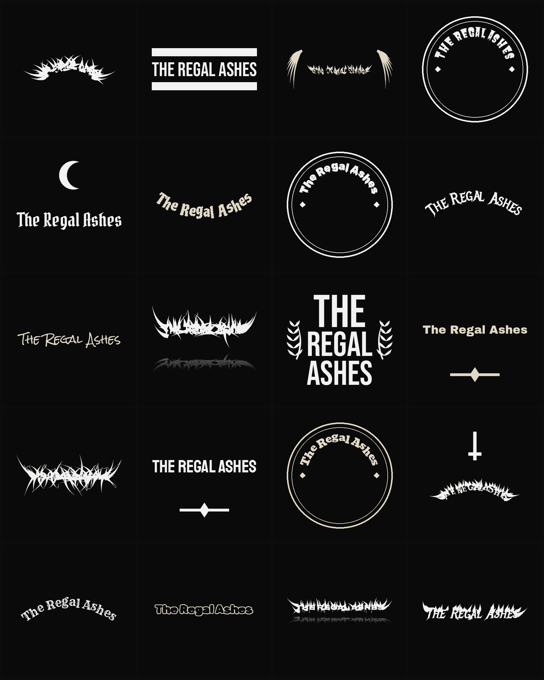 Twenty The Regal Ashes band logo ideas — different faces, treatments and spike settings