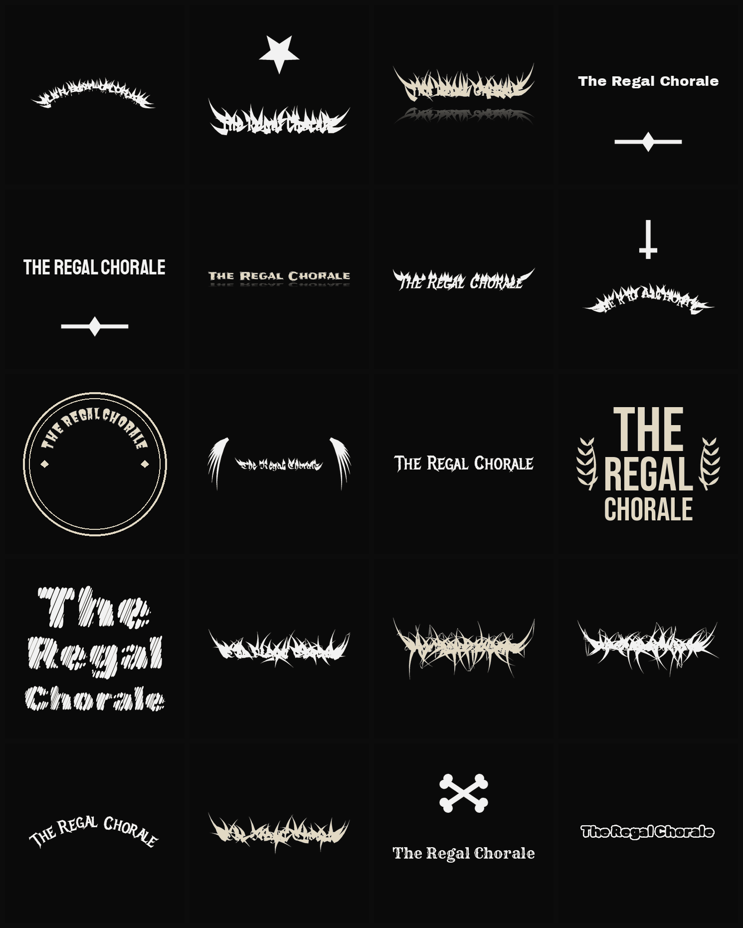 Twenty The Regal Chorale band logo ideas — different faces, treatments and spike settings