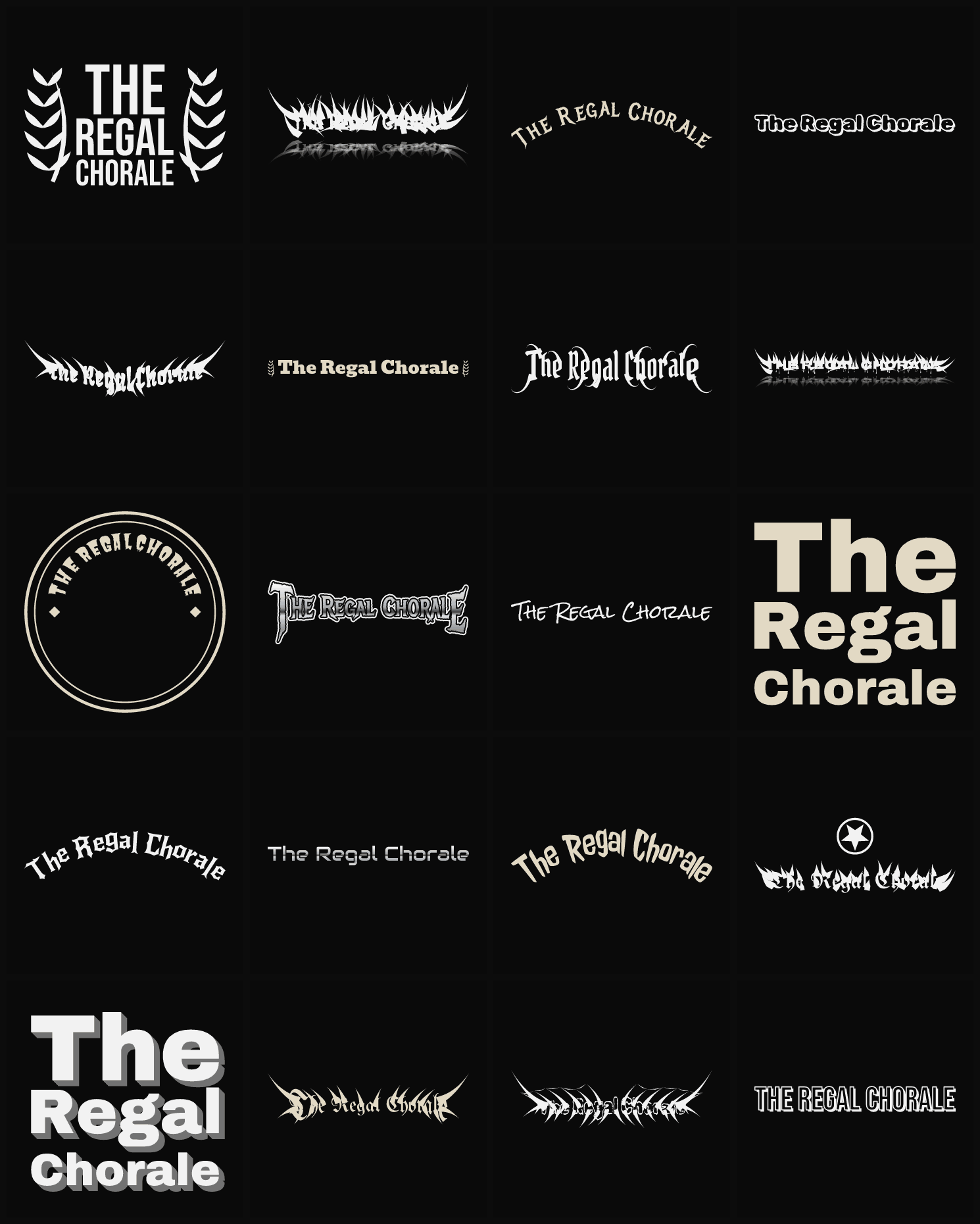 Twenty The Regal Chorale band logo ideas — different faces, treatments and spike settings