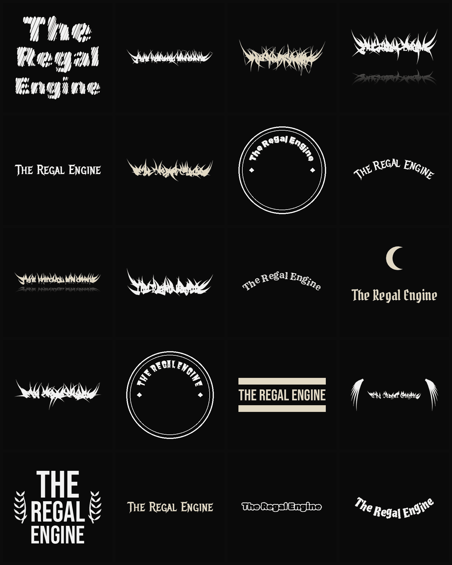 Twenty The Regal Engine band logo ideas — different faces, treatments and spike settings