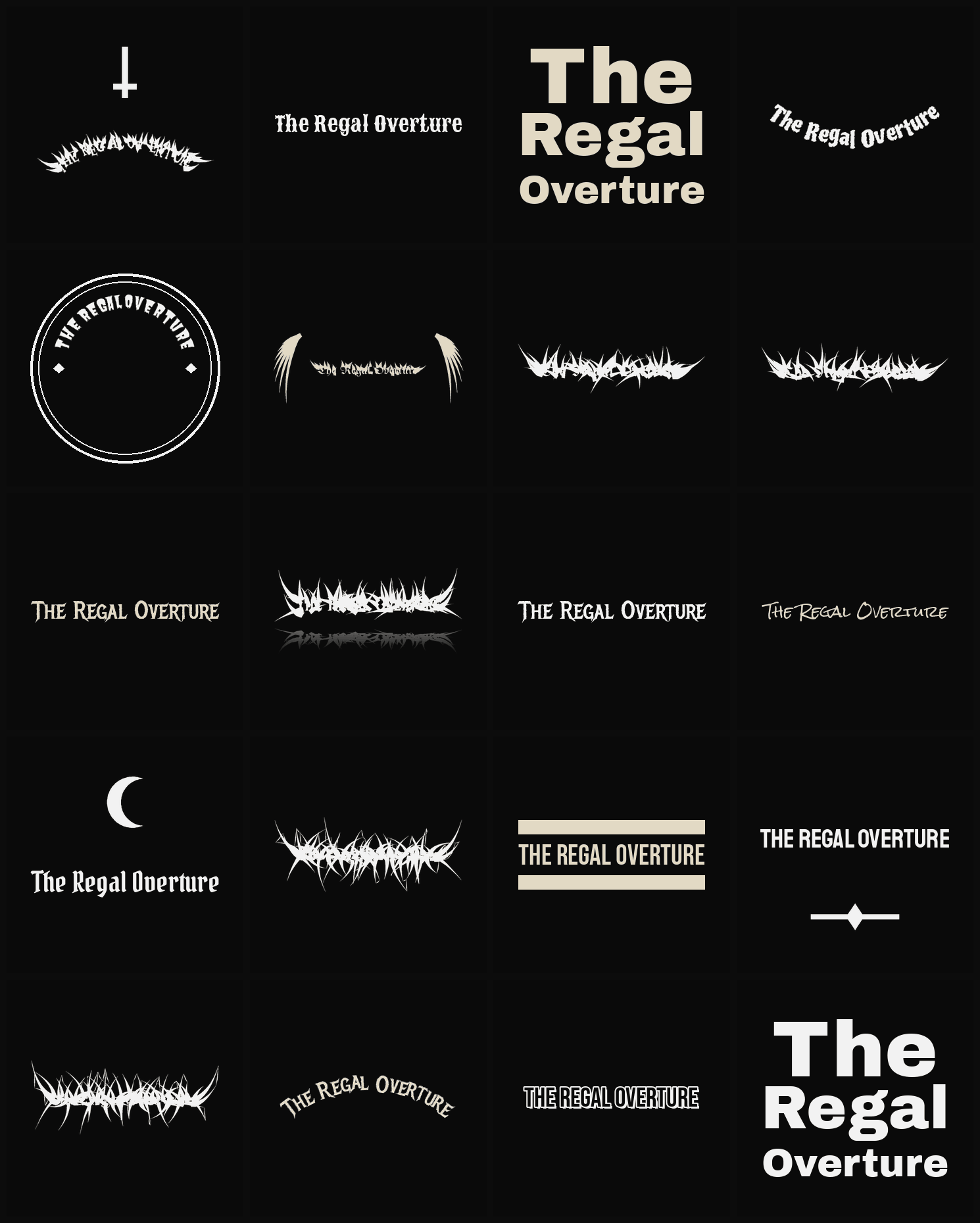 Twenty The Regal Overture band logo ideas — different faces, treatments and spike settings