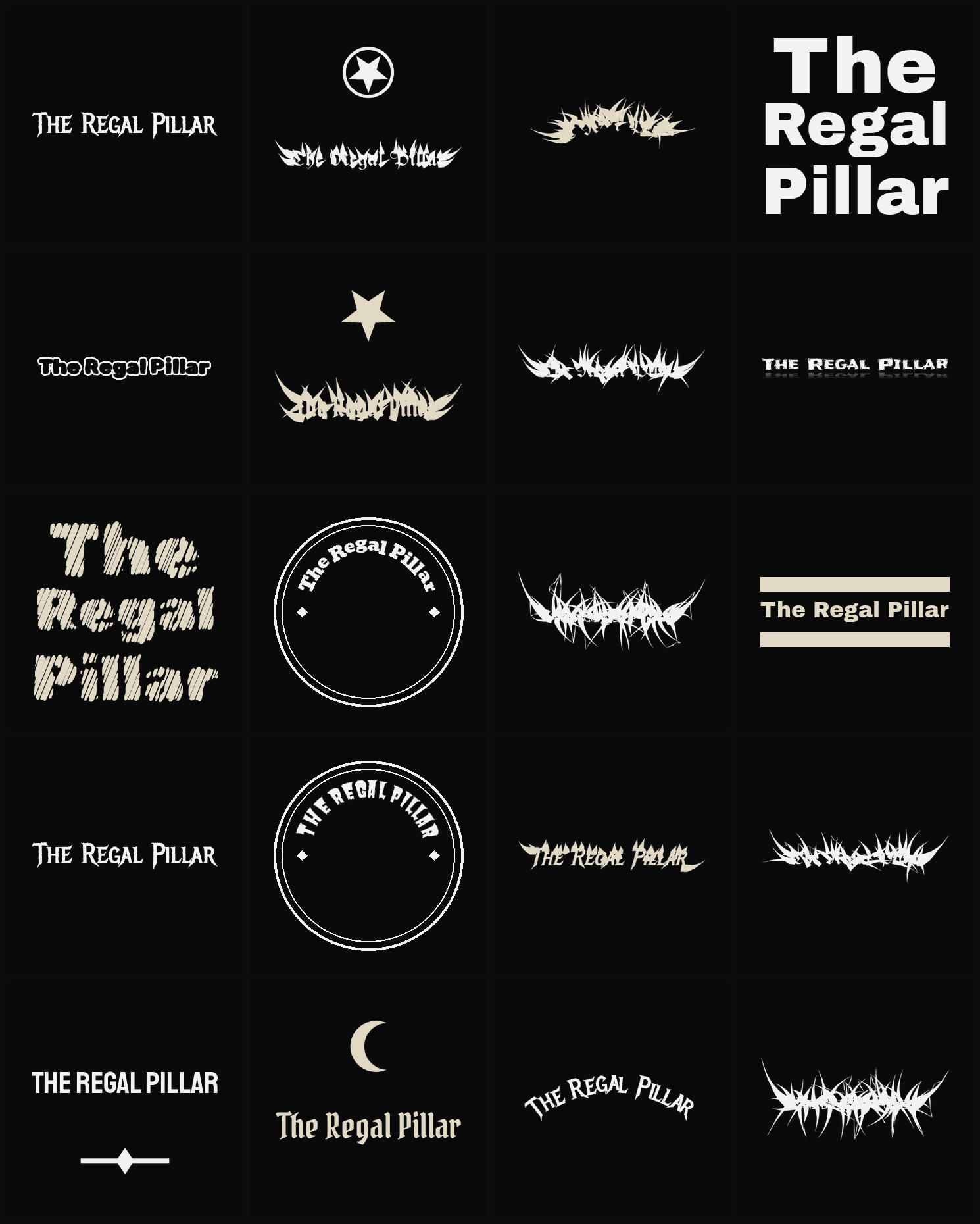 Twenty The Regal Pillar band logo ideas — different faces, treatments and spike settings