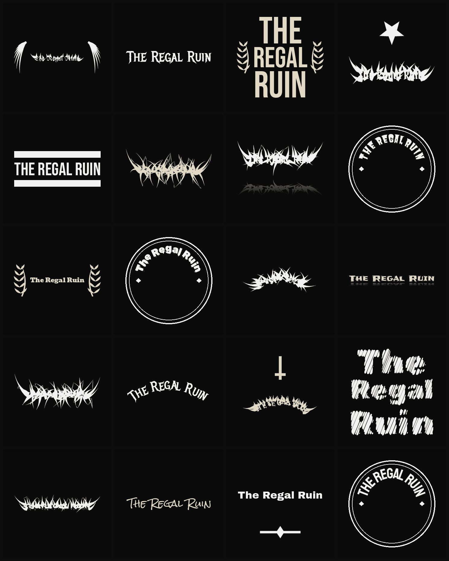 Twenty The Regal Ruin band logo ideas — different faces, treatments and spike settings