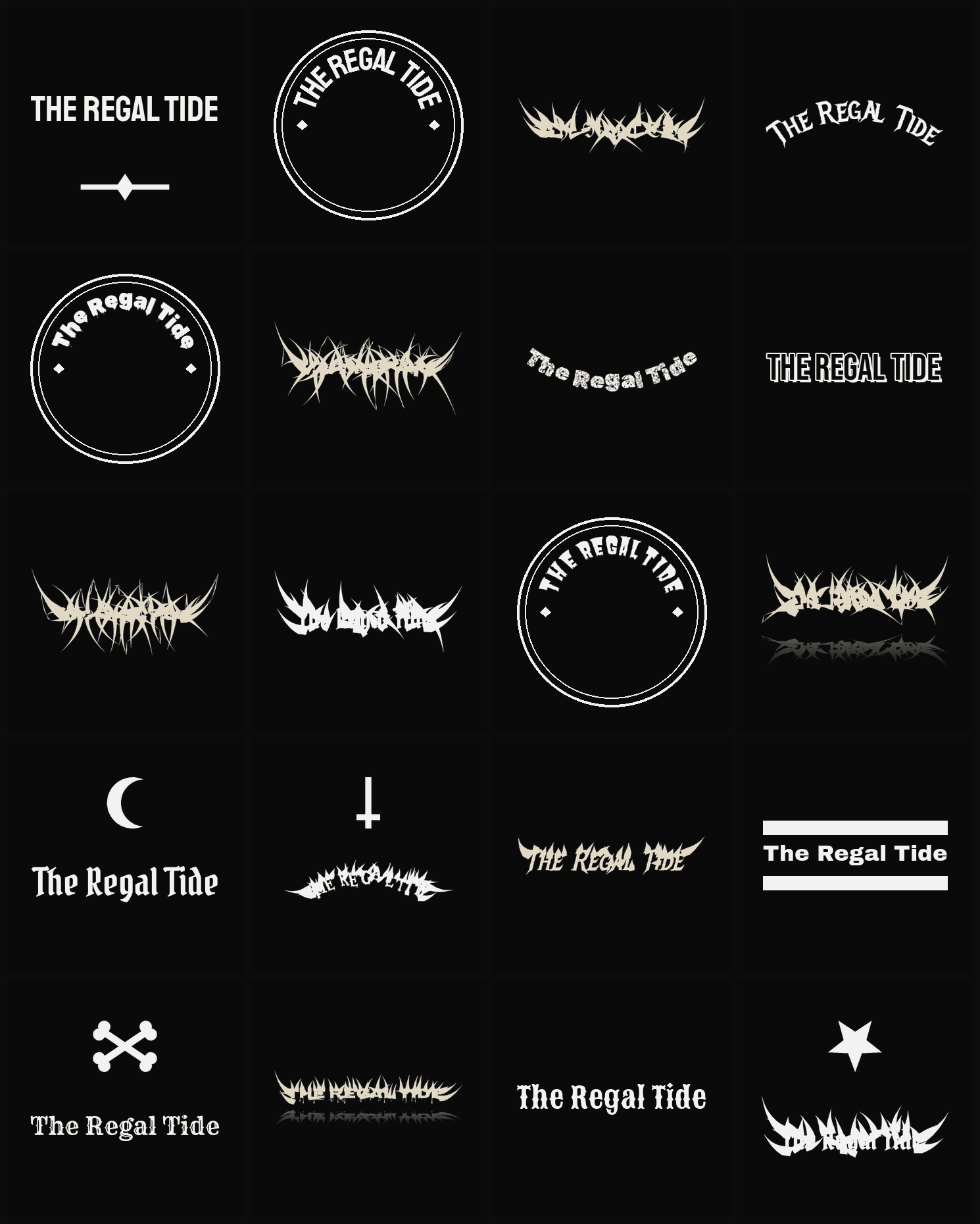 Twenty The Regal Tide band logo ideas — different faces, treatments and spike settings