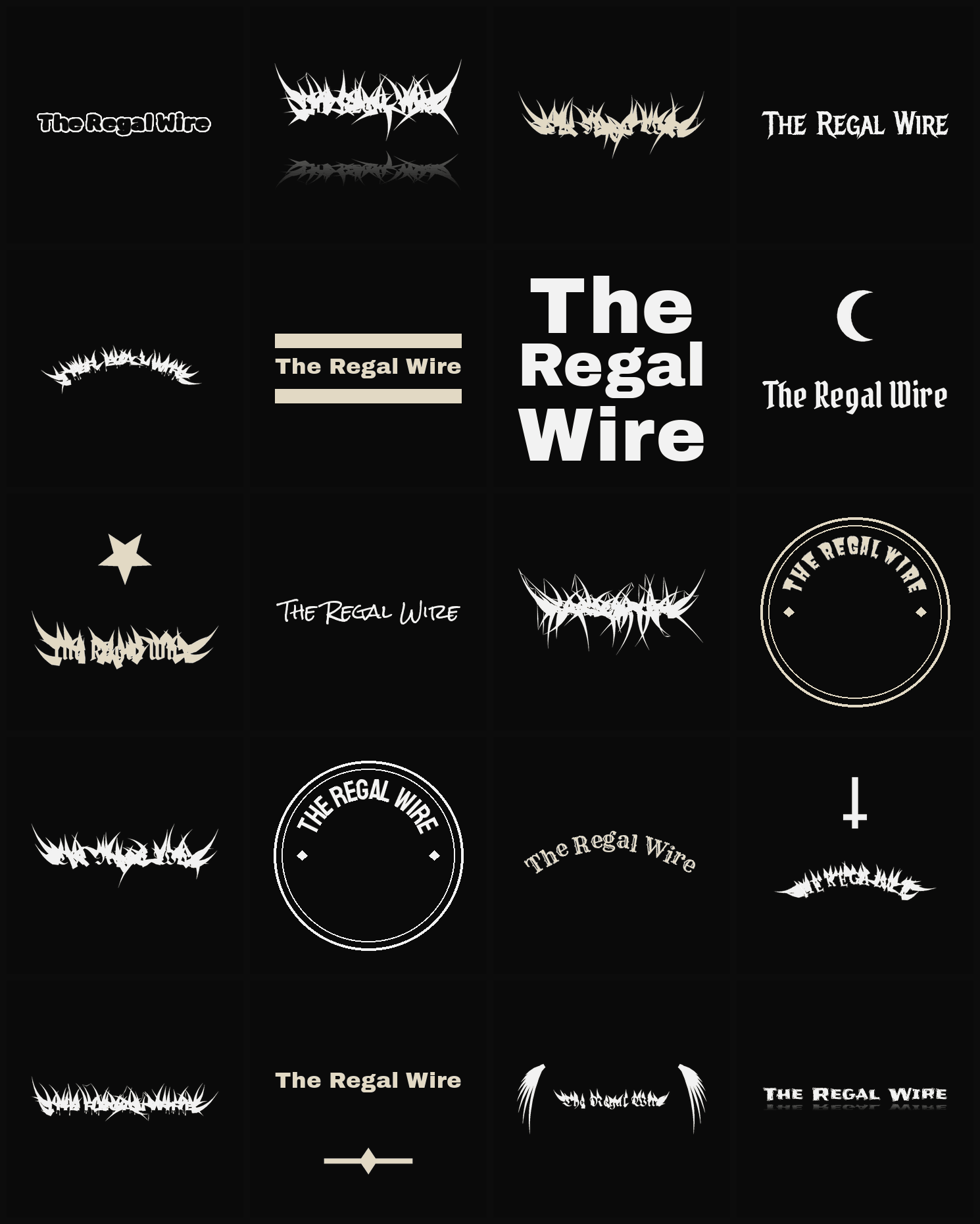 Twenty The Regal Wire band logo ideas — different faces, treatments and spike settings