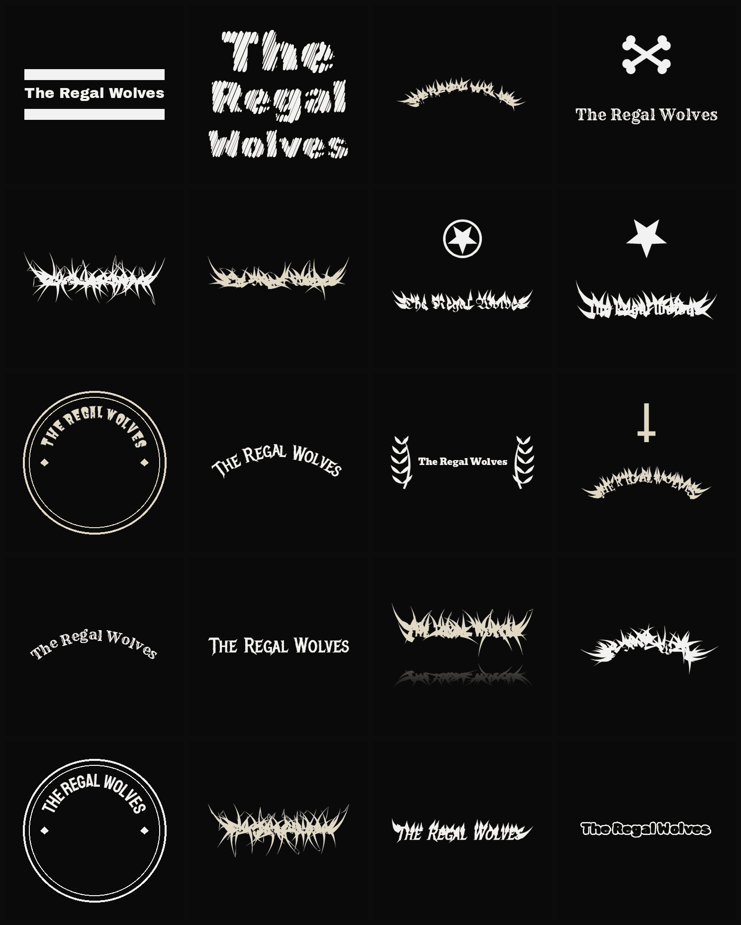 Twenty The Regal Wolves band logo ideas — different faces, treatments and spike settings