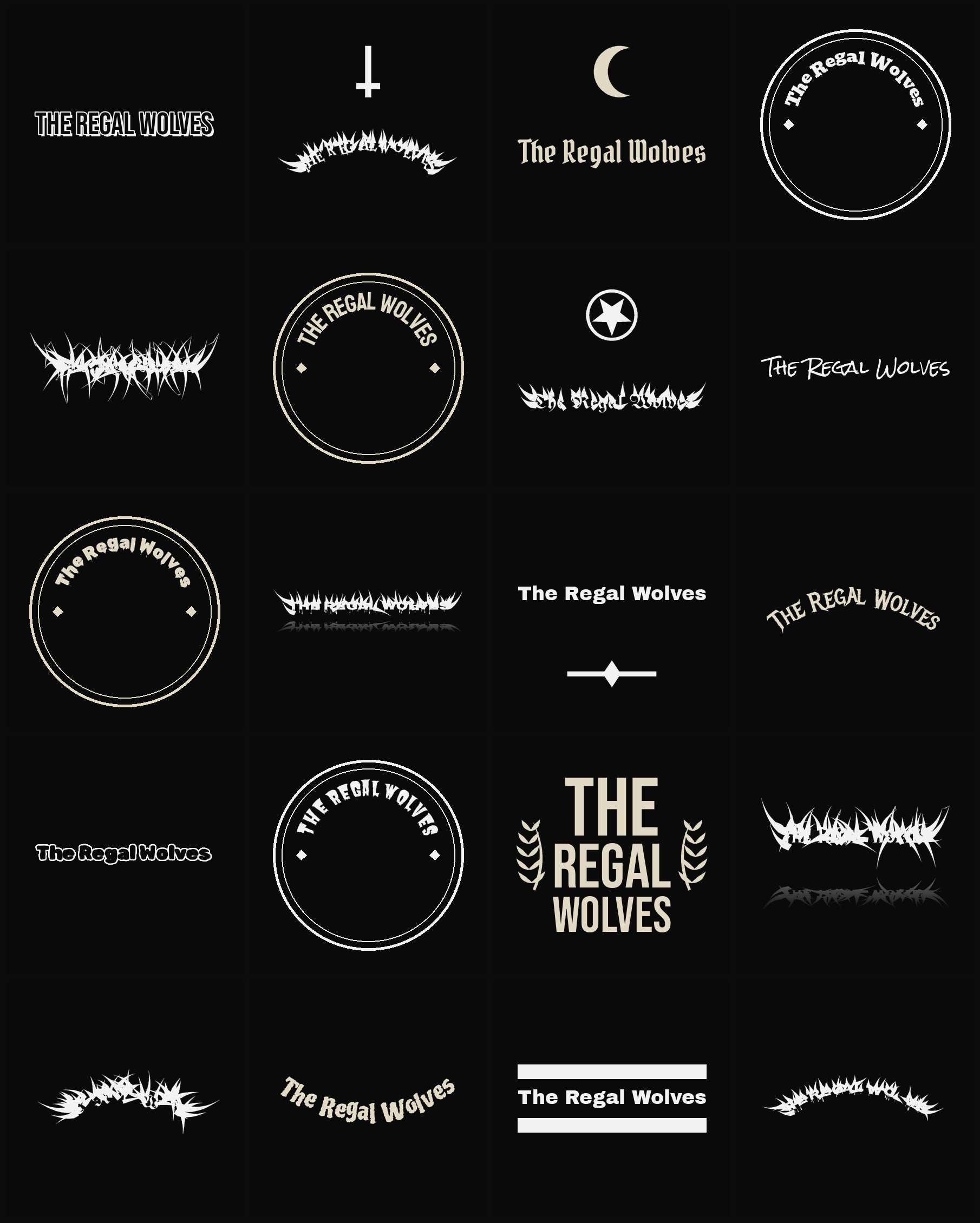 Twenty The Regal Wolves band logo ideas — different faces, treatments and spike settings
