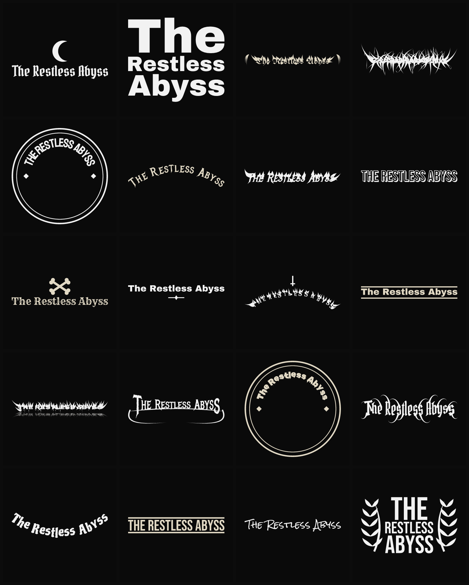 Twenty The Restless Abyss band logo ideas — different faces, treatments and spike settings