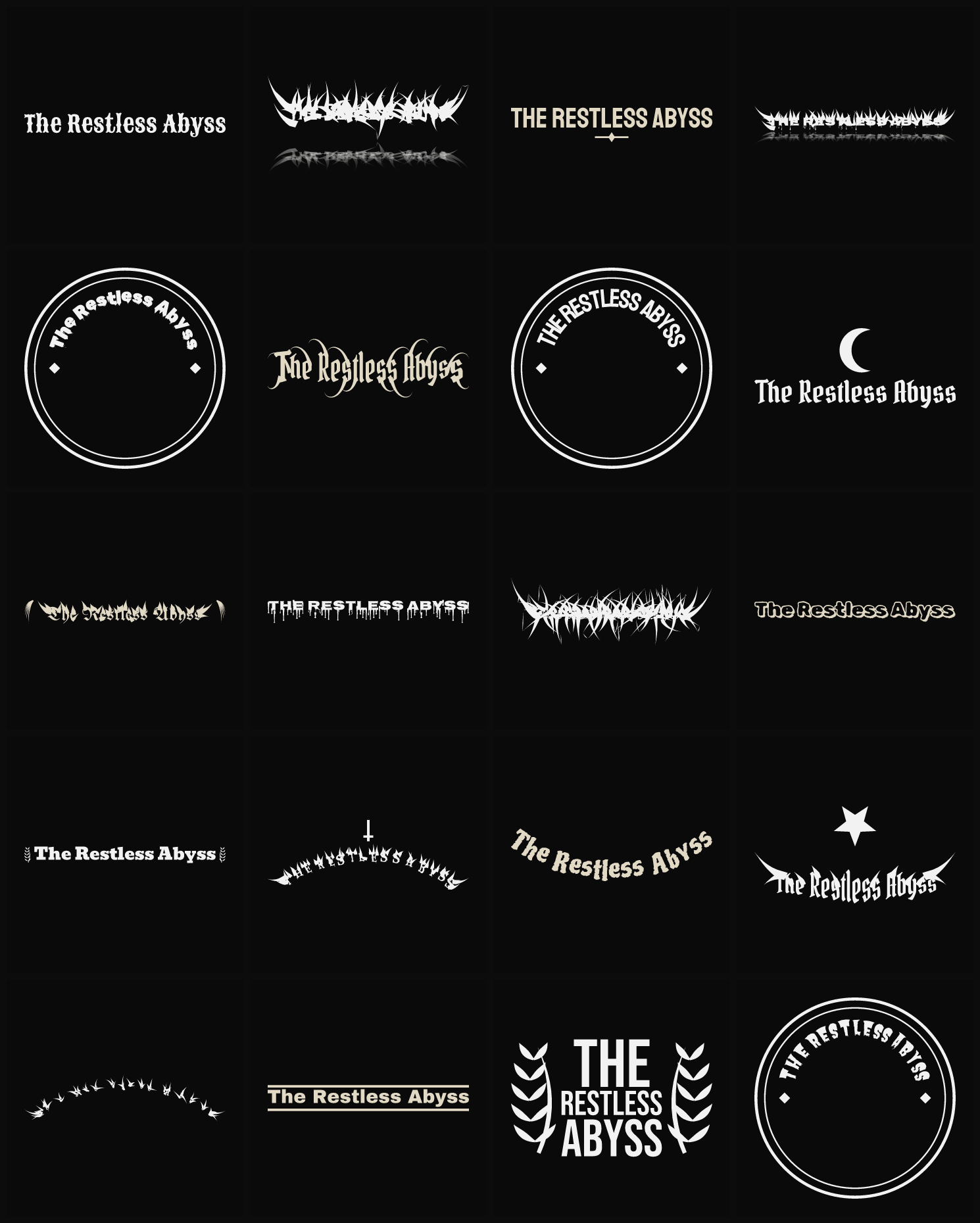 Twenty The Restless Abyss band logo ideas — different faces, treatments and spike settings