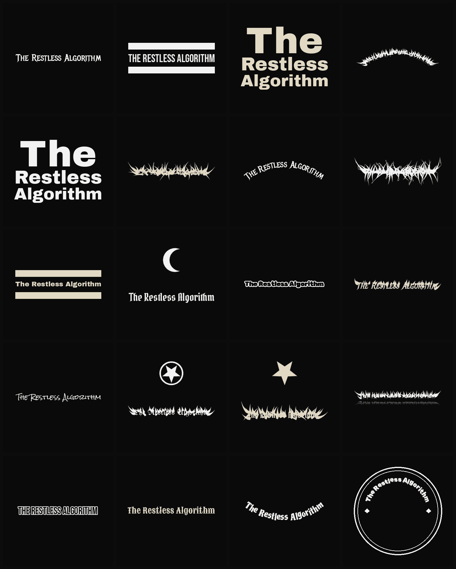 Twenty The Restless Algorithm band logo ideas — different faces, treatments and spike settings