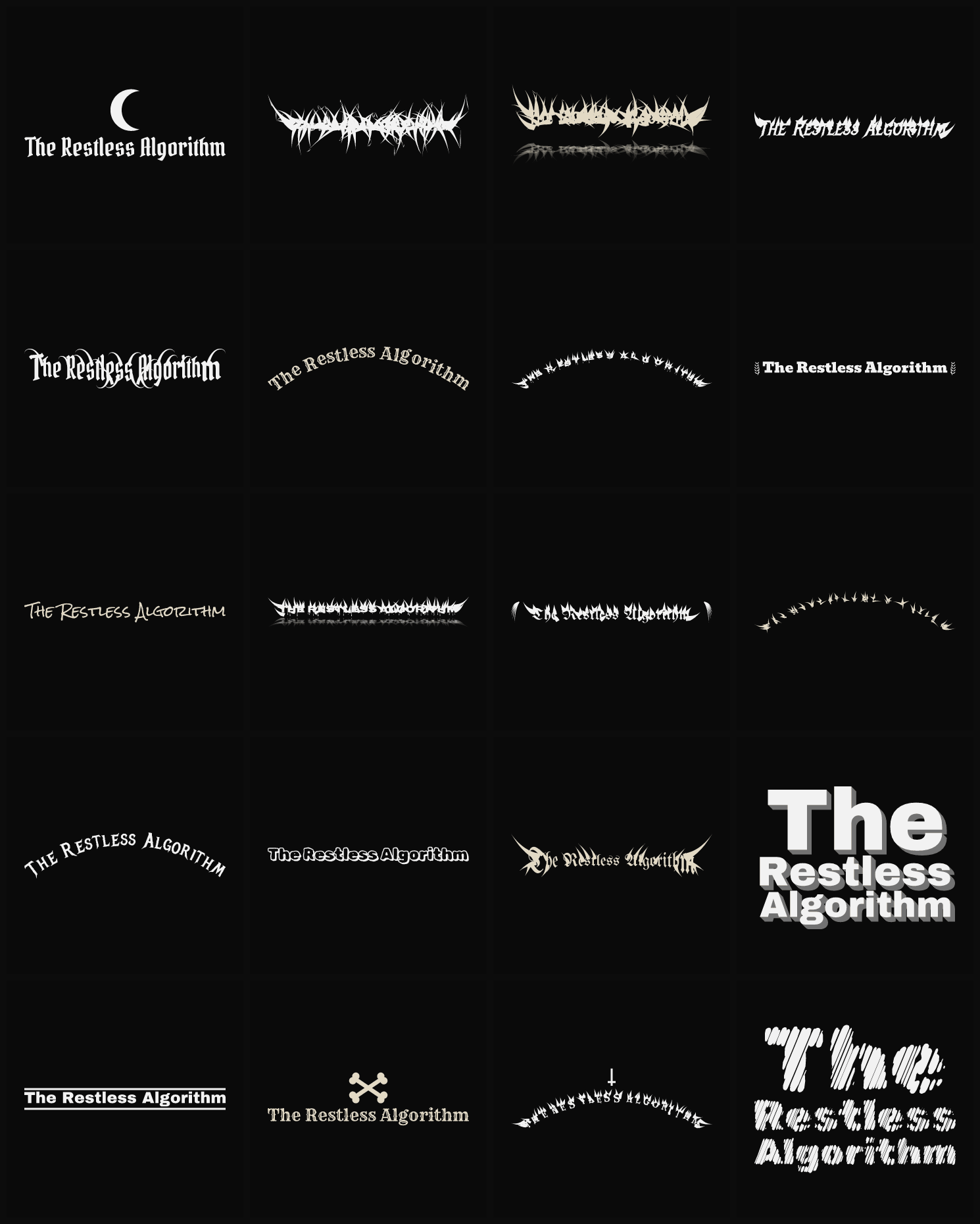 Twenty The Restless Algorithm band logo ideas — different faces, treatments and spike settings