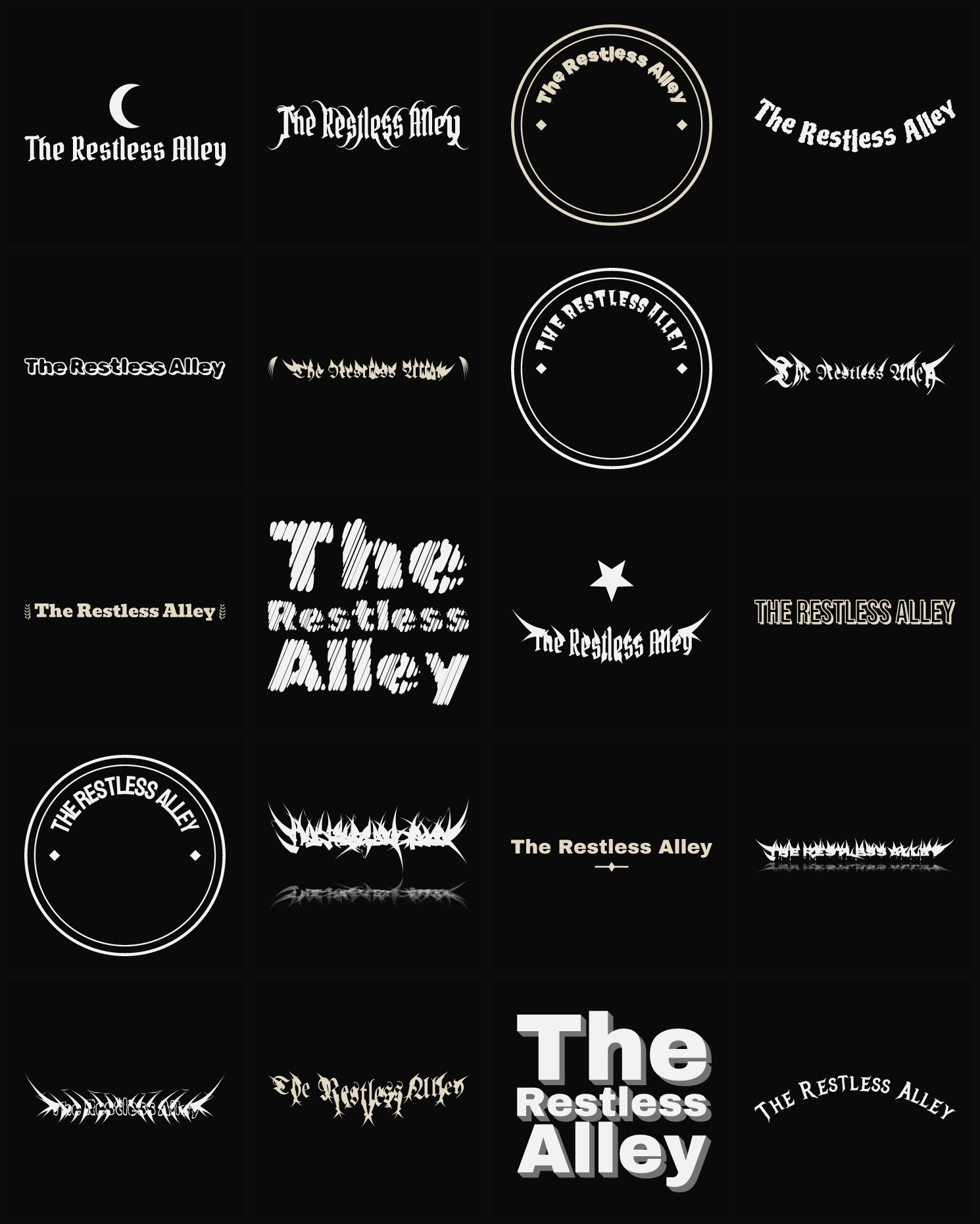Twenty The Restless Alley band logo ideas — different faces, treatments and spike settings
