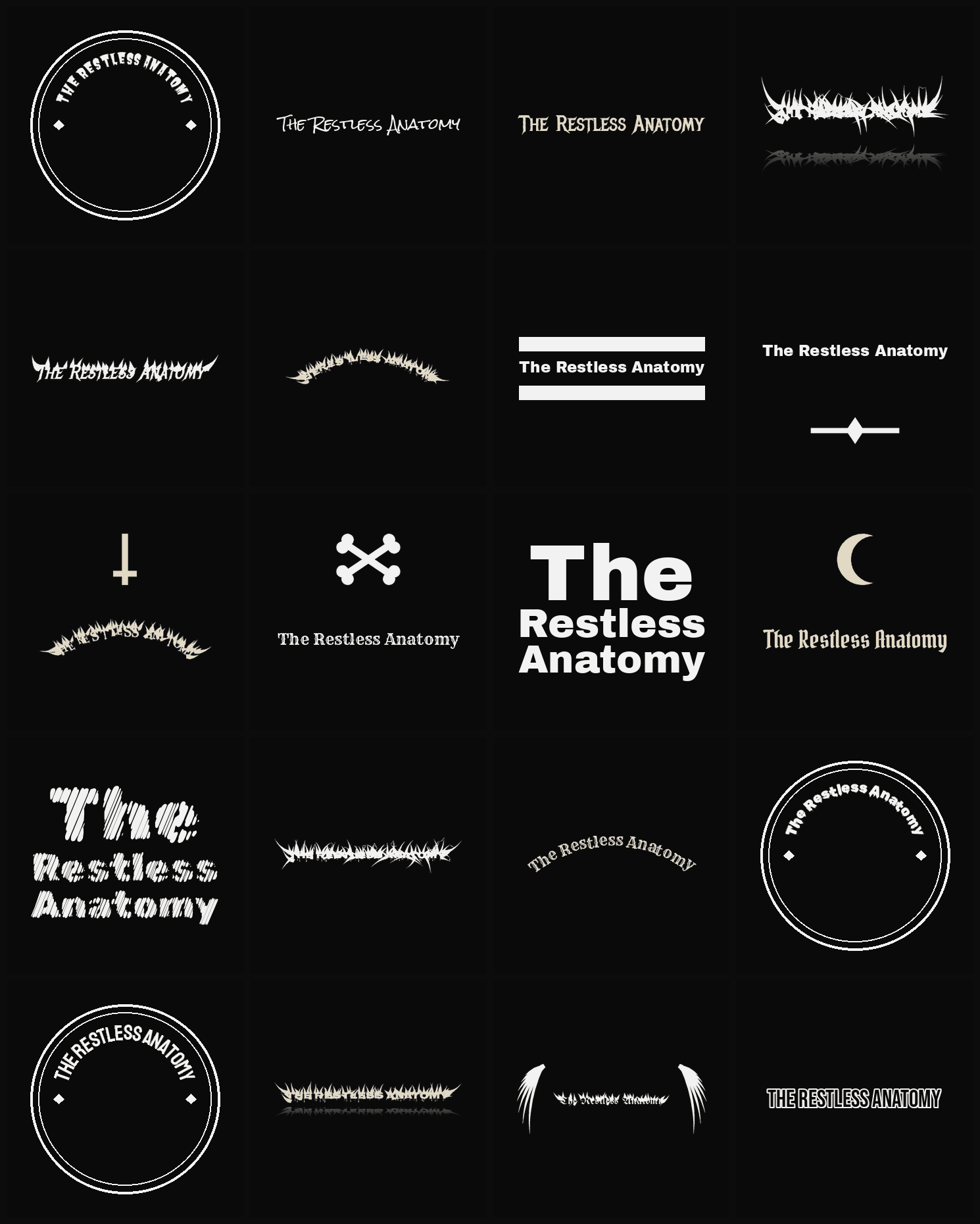 Twenty The Restless Anatomy band logo ideas — different faces, treatments and spike settings