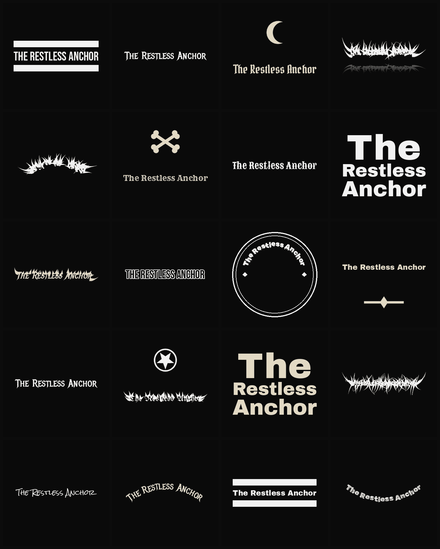 Twenty The Restless Anchor band logo ideas — different faces, treatments and spike settings