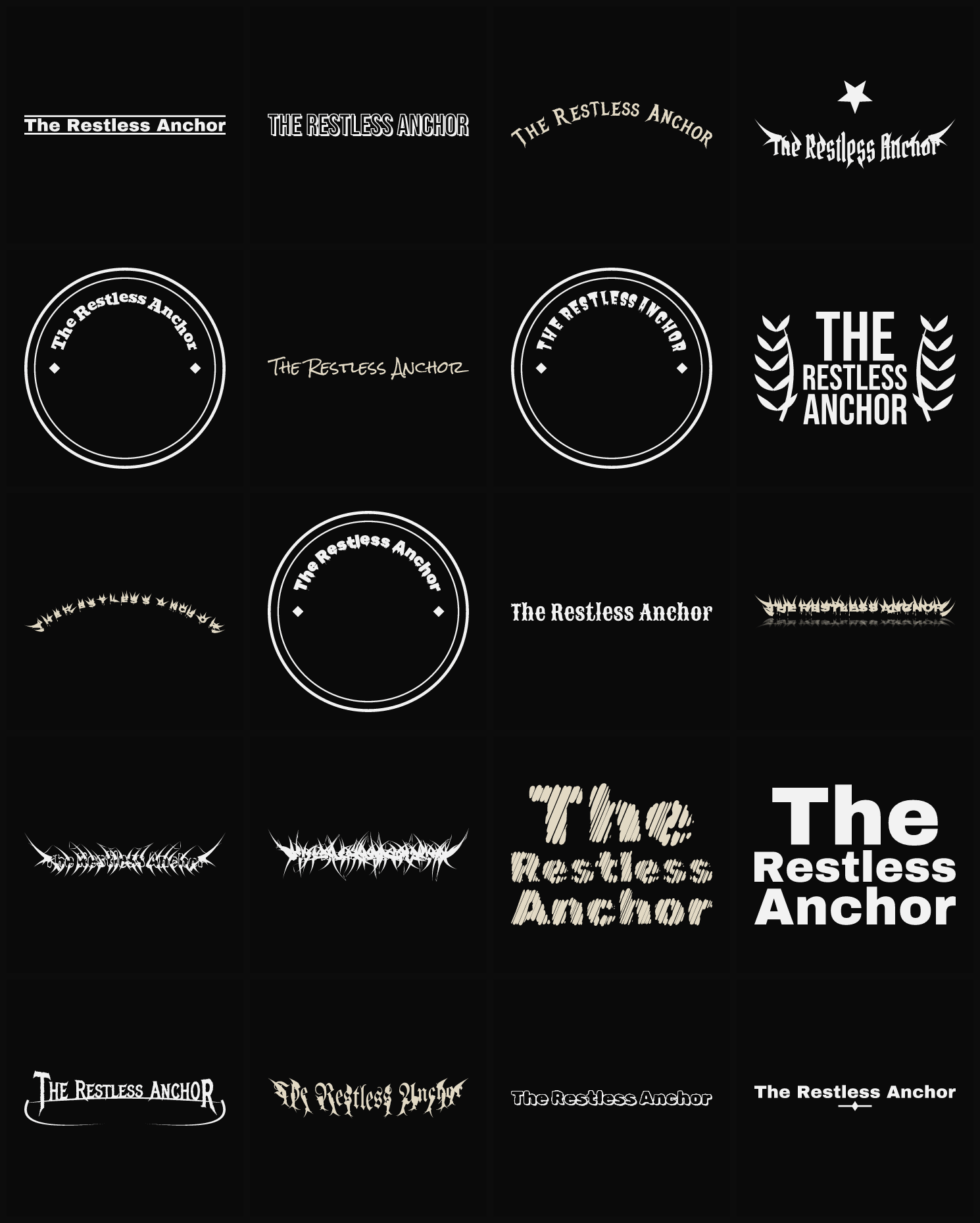 Twenty The Restless Anchor band logo ideas — different faces, treatments and spike settings