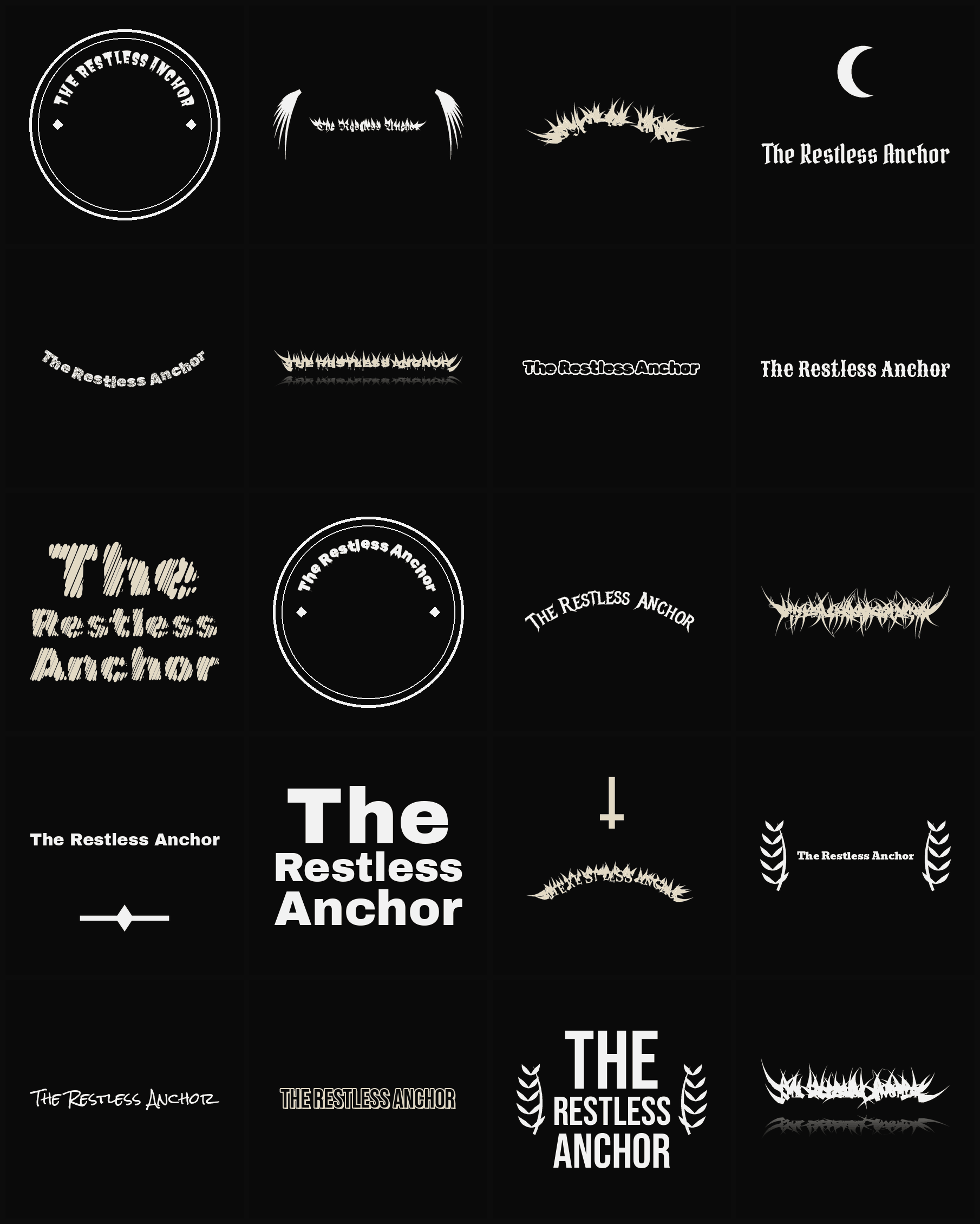 Twenty The Restless Anchor band logo ideas — different faces, treatments and spike settings