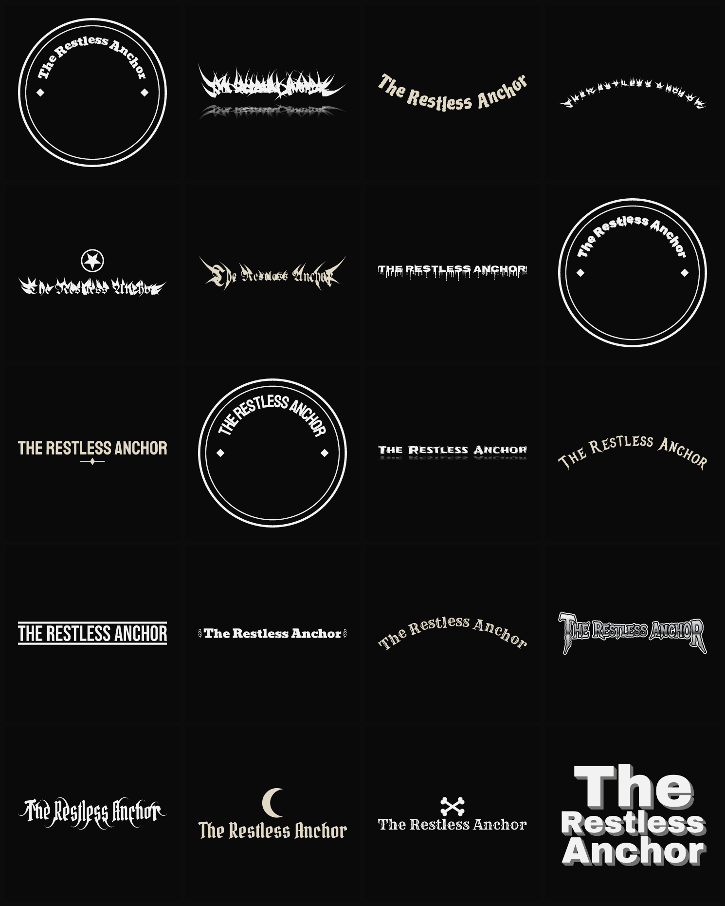 Twenty The Restless Anchor band logo ideas — different faces, treatments and spike settings