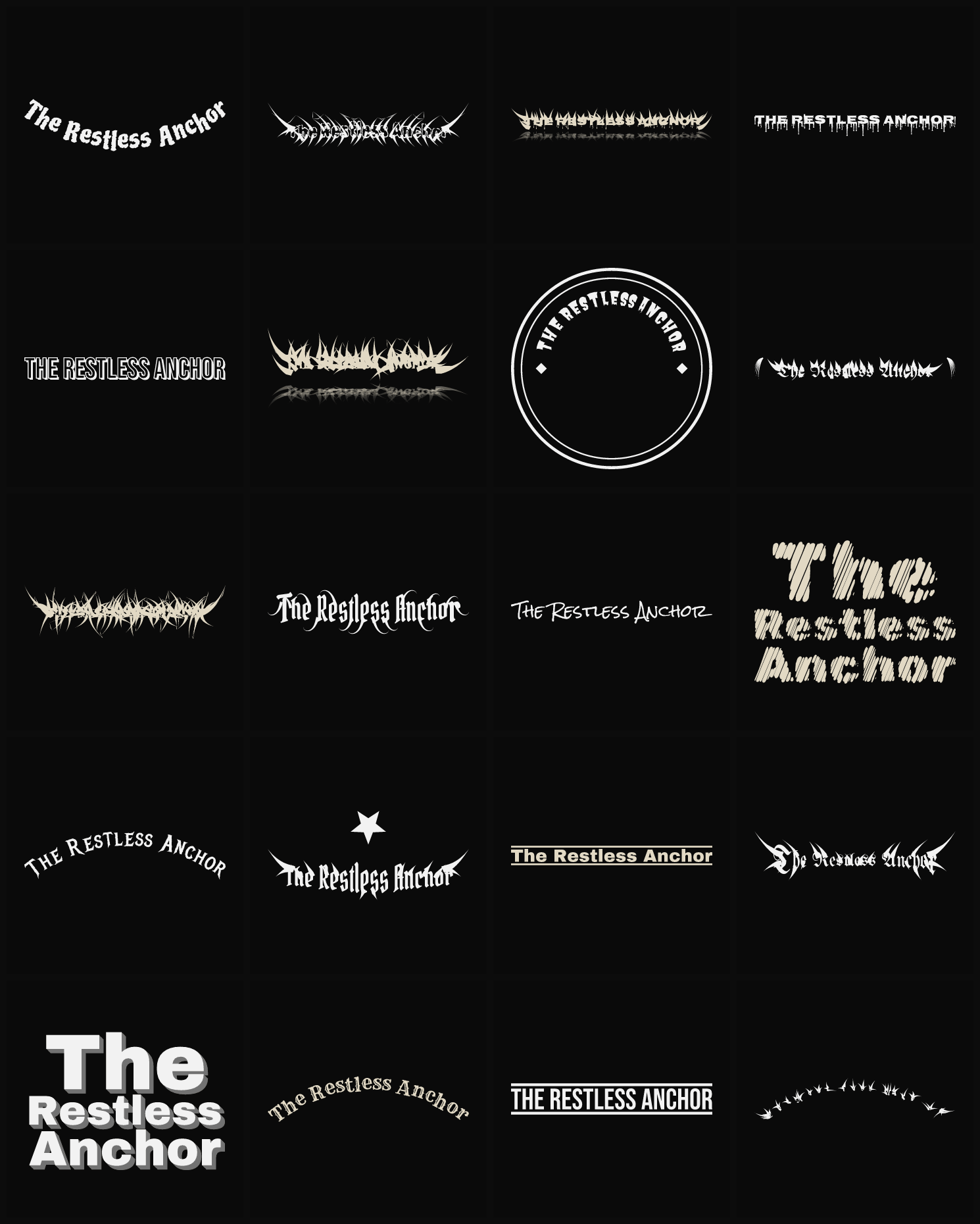 Twenty The Restless Anchor band logo ideas — different faces, treatments and spike settings