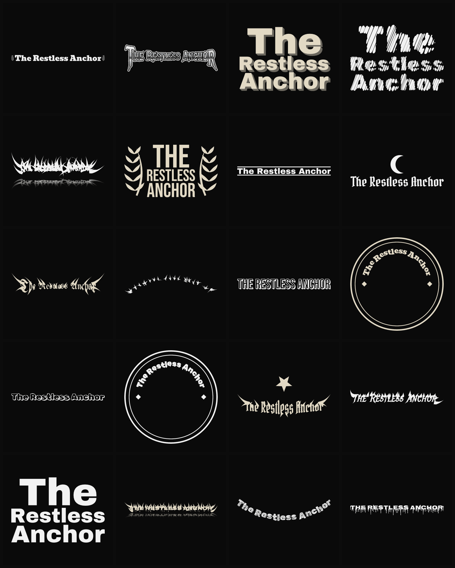 Twenty The Restless Anchor band logo ideas — different faces, treatments and spike settings