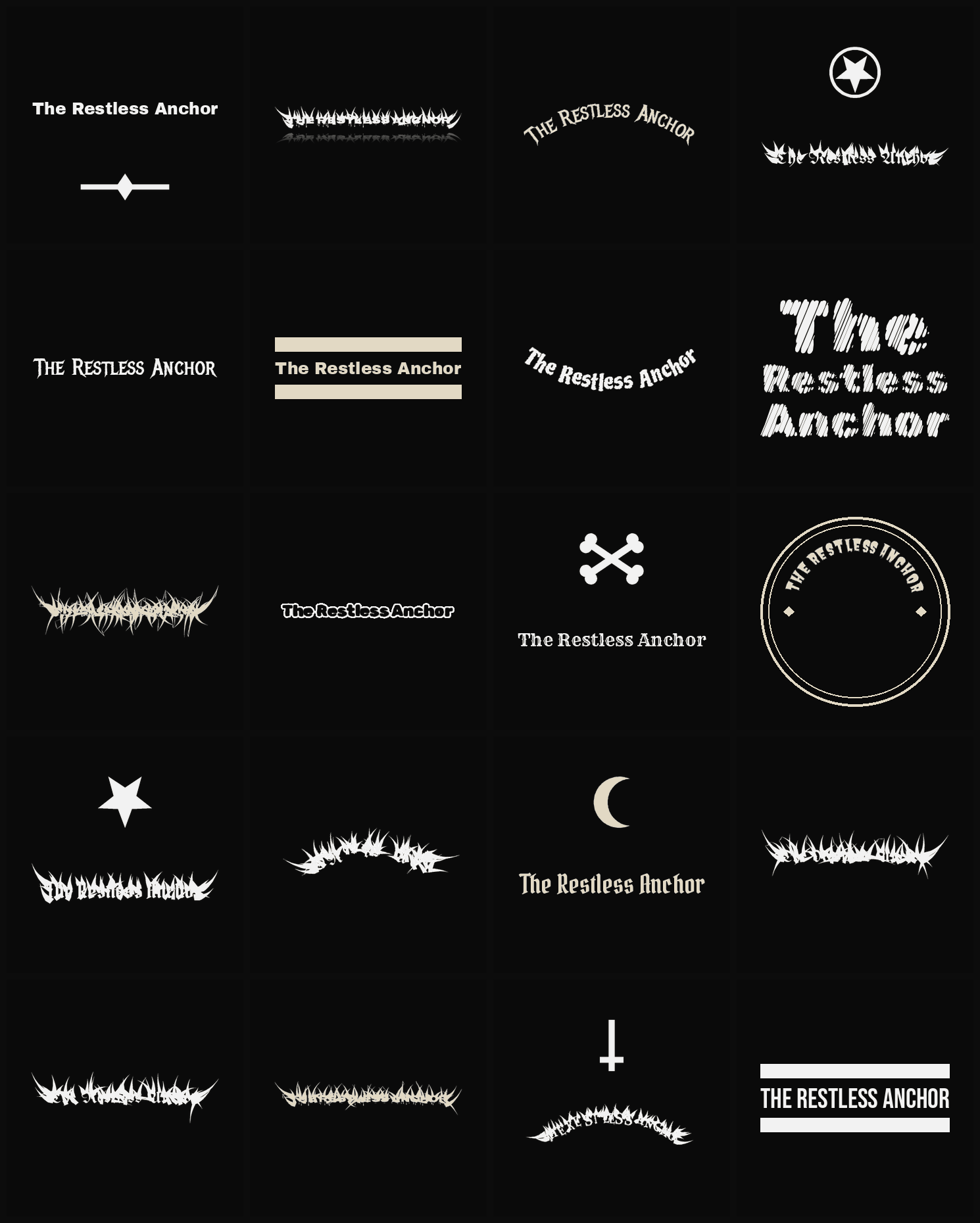 Twenty The Restless Anchor band logo ideas — different faces, treatments and spike settings
