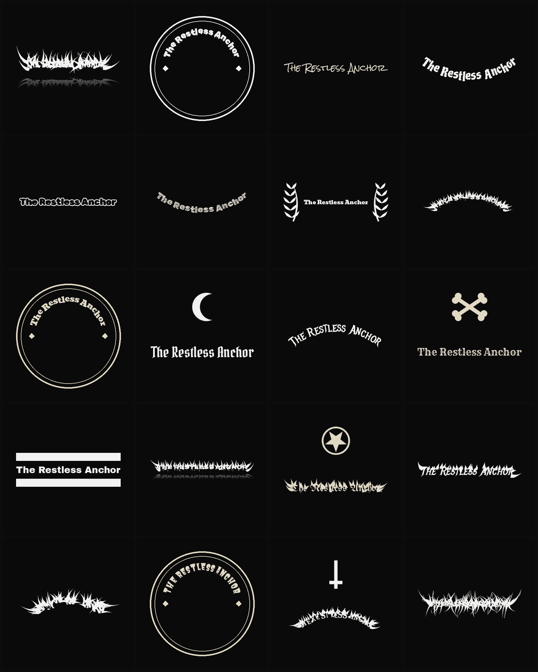 Twenty The Restless Anchor band logo ideas — different faces, treatments and spike settings