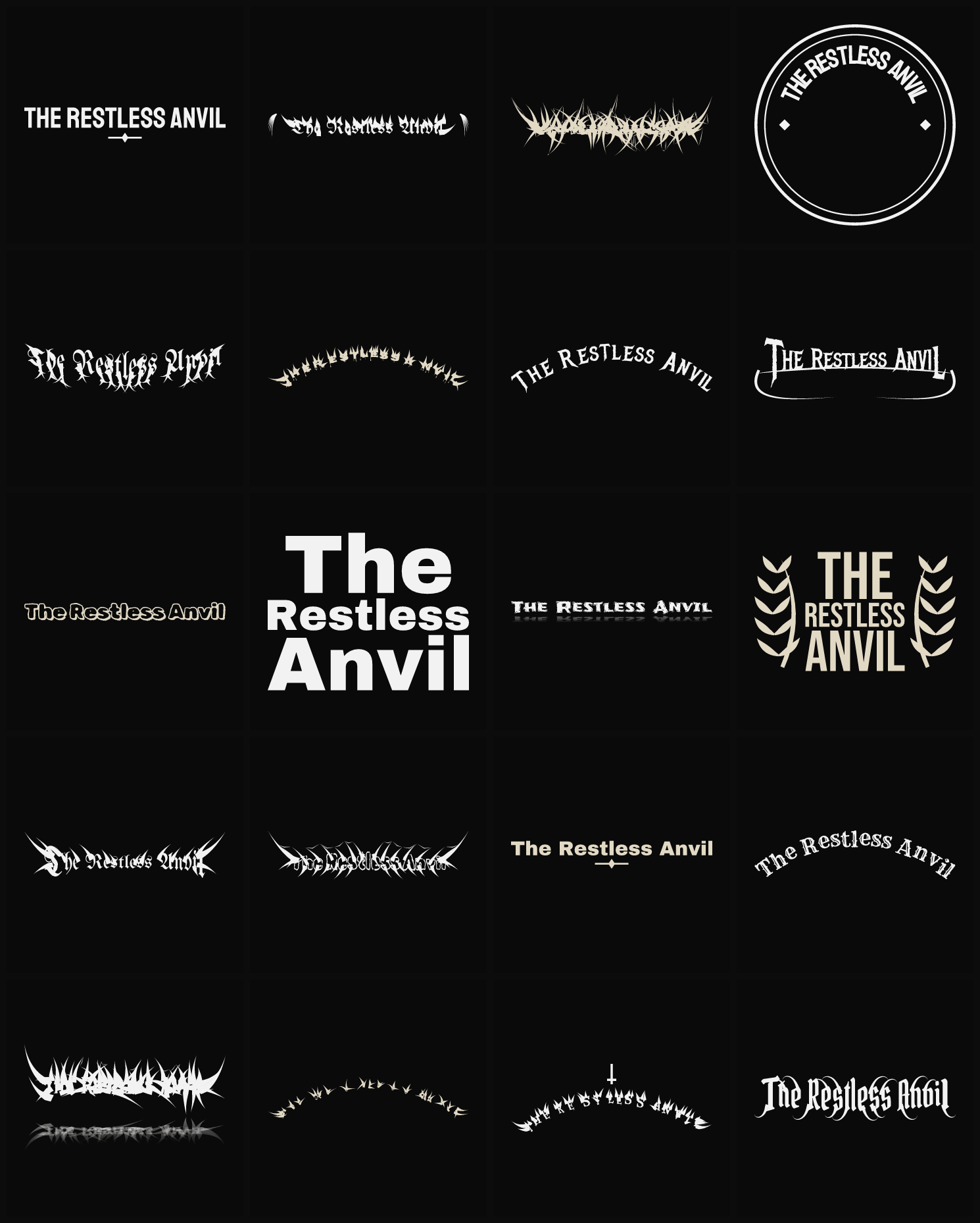 Twenty The Restless Anvil band logo ideas — different faces, treatments and spike settings