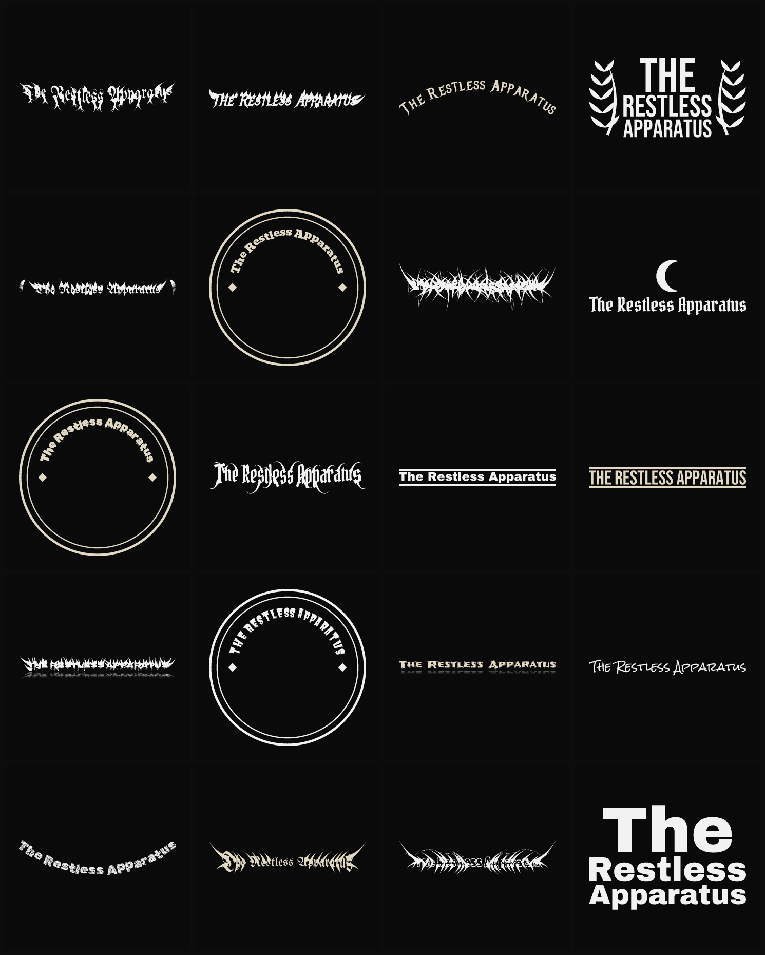 Twenty The Restless Apparatus band logo ideas — different faces, treatments and spike settings