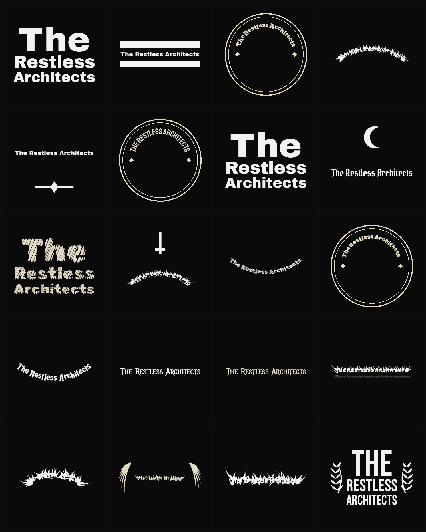 Twenty The Restless Architects band logo ideas — different faces, treatments and spike settings