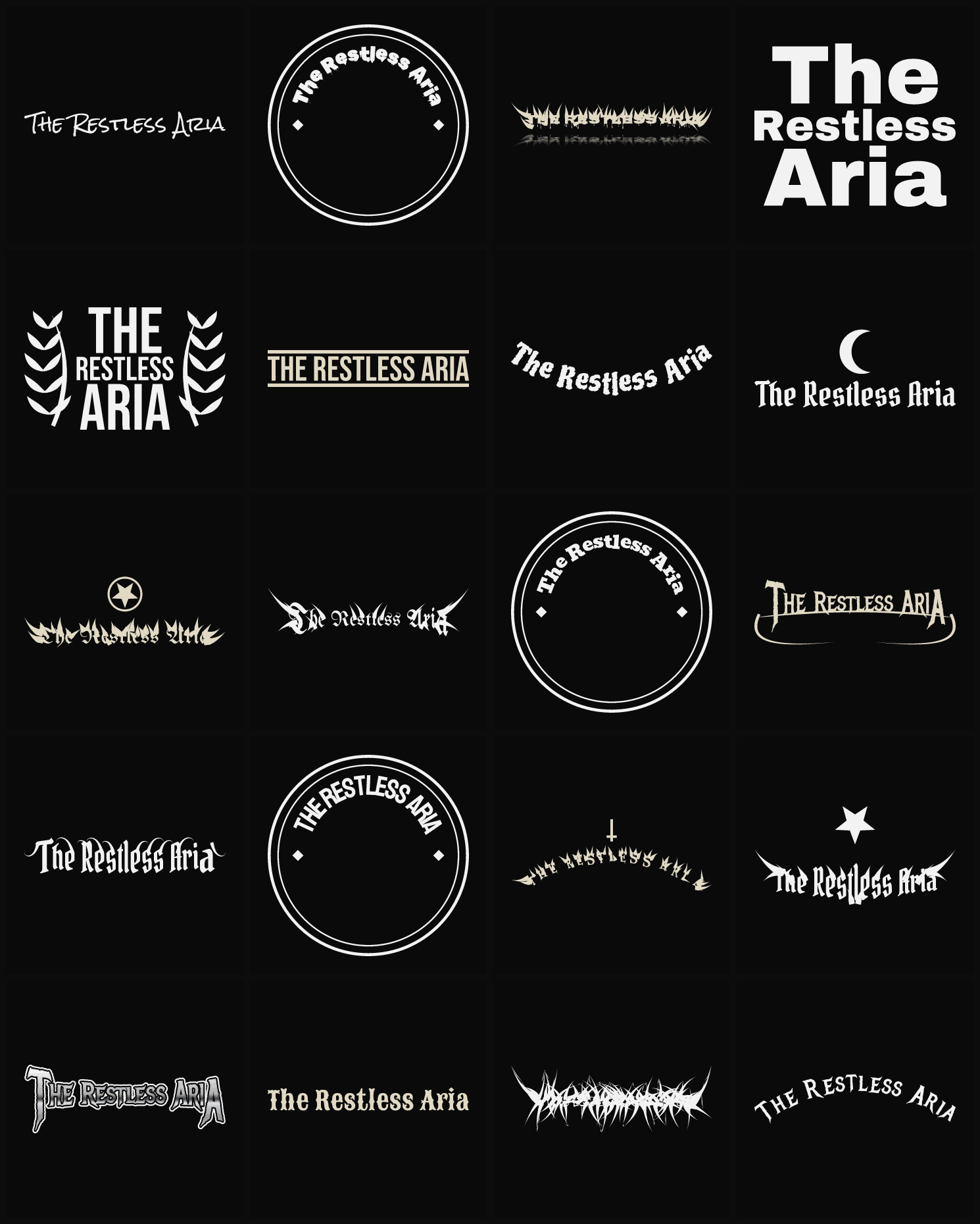 Twenty The Restless Aria band logo ideas — different faces, treatments and spike settings