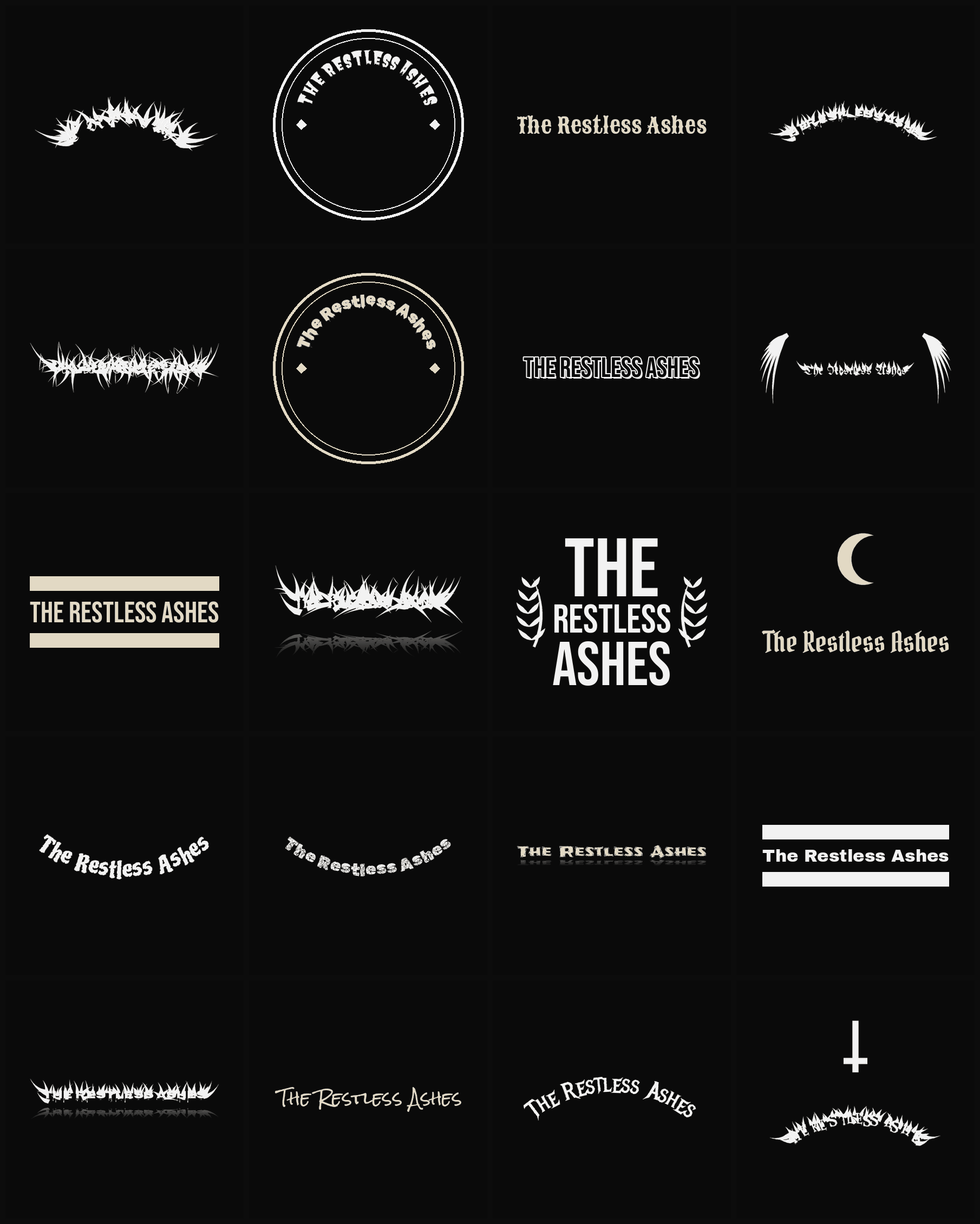 Twenty The Restless Ashes band logo ideas — different faces, treatments and spike settings