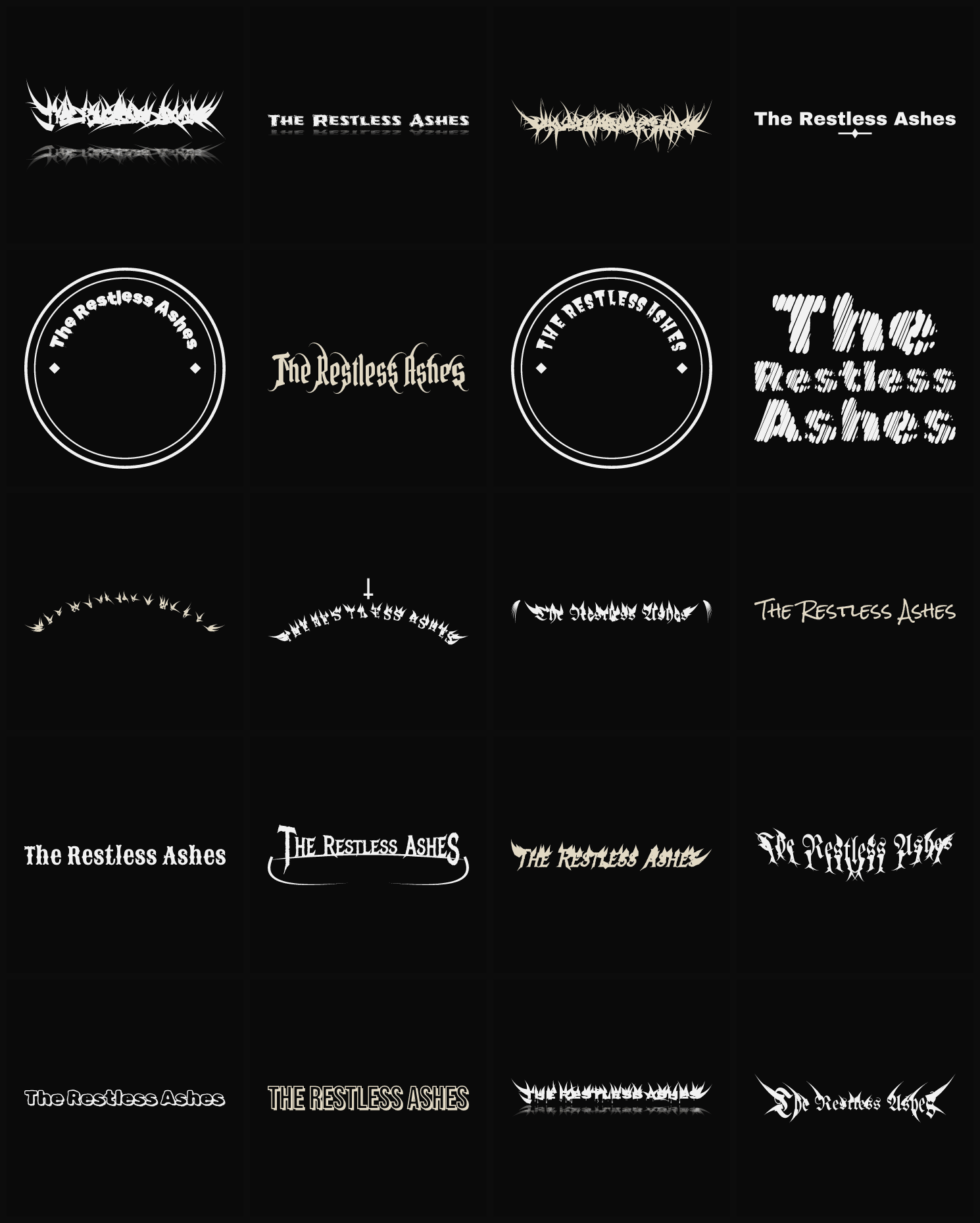 Twenty The Restless Ashes band logo ideas — different faces, treatments and spike settings