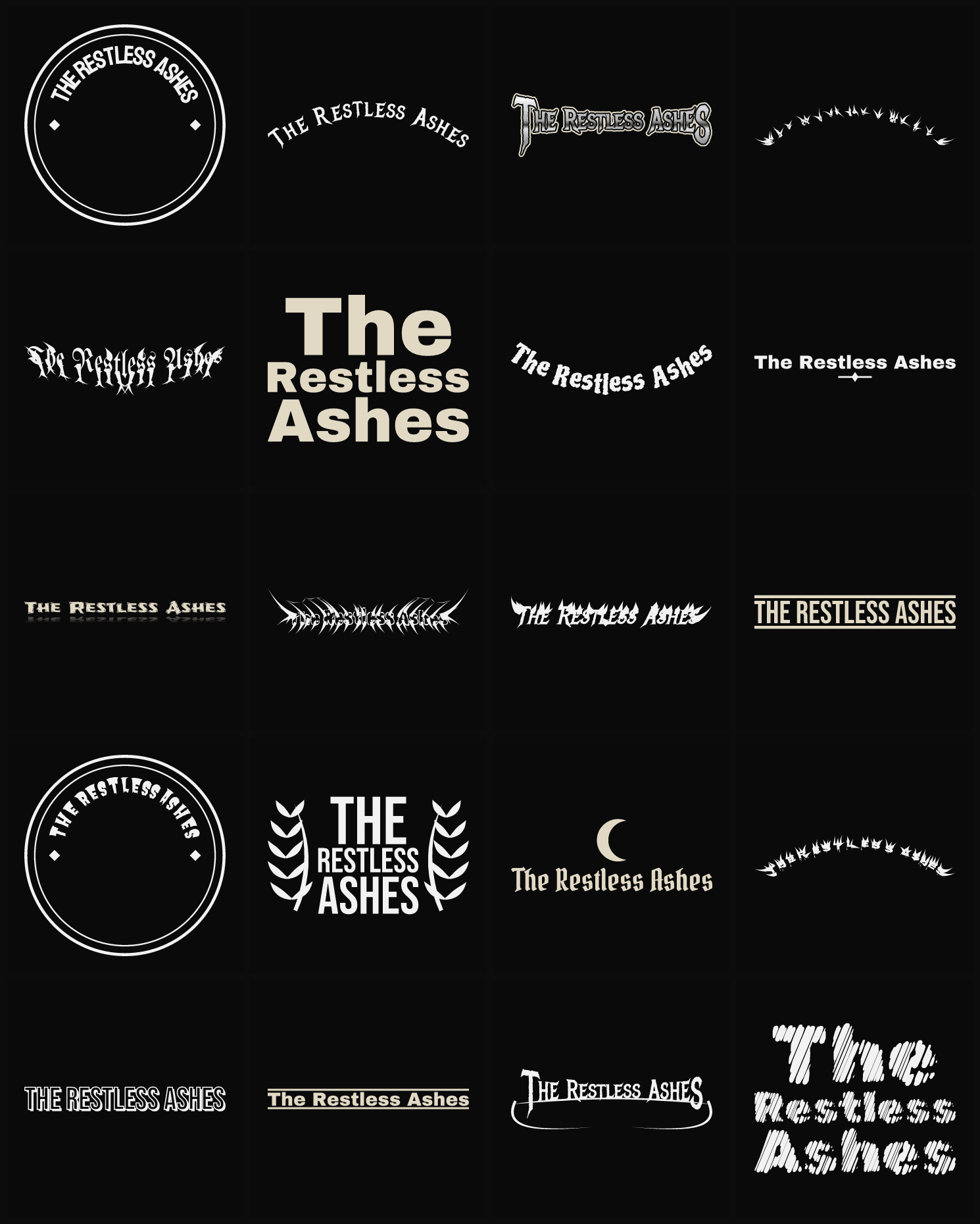 Twenty The Restless Ashes band logo ideas — different faces, treatments and spike settings