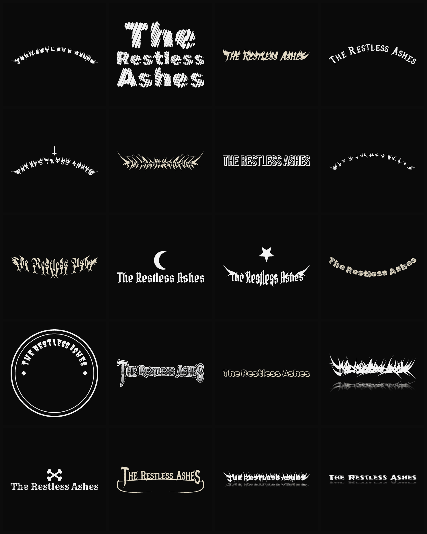 Twenty The Restless Ashes band logo ideas — different faces, treatments and spike settings